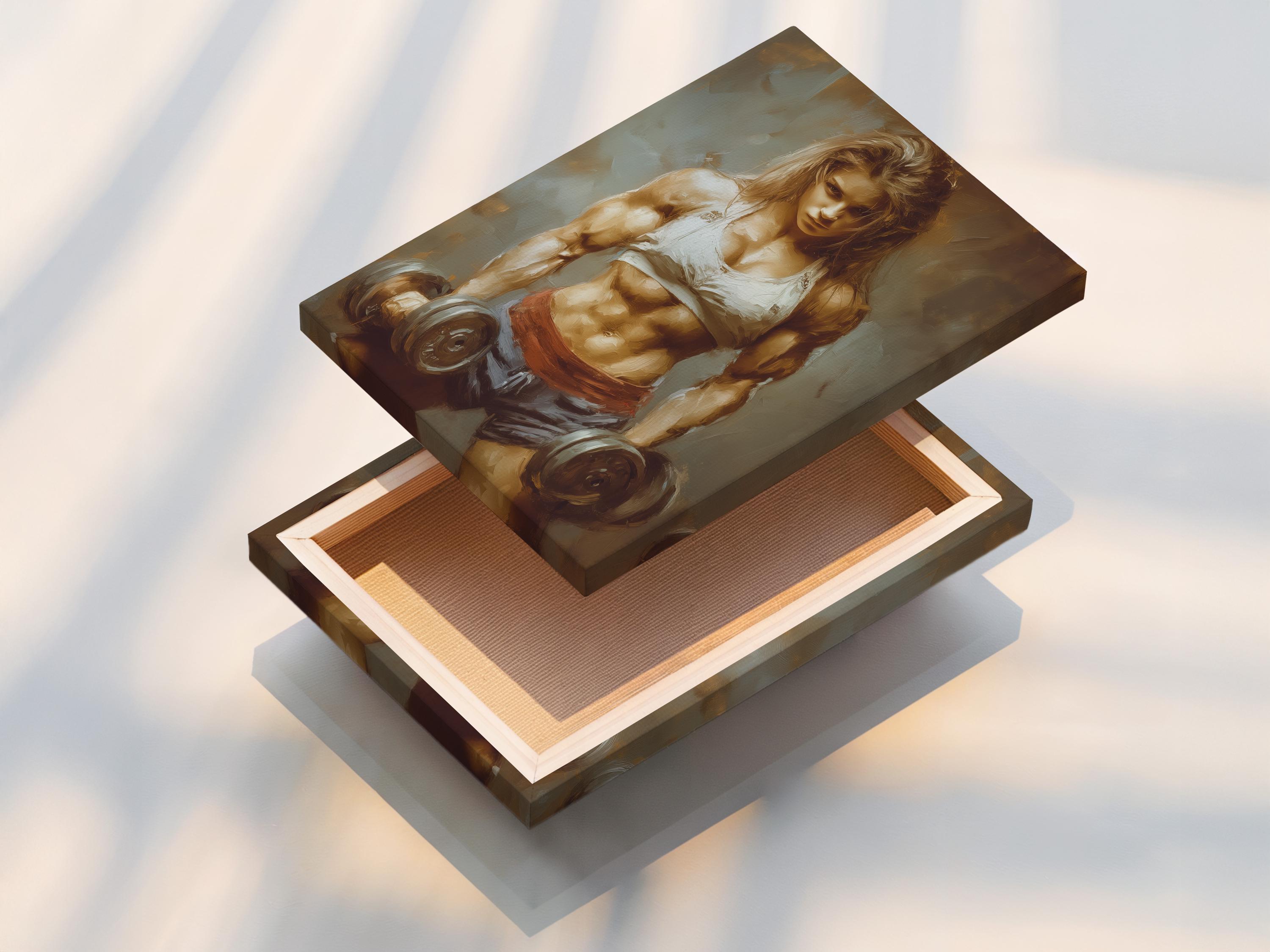 Gym or wellness room mockup showing a wall artwork of a muscular woman lifting dumbbells