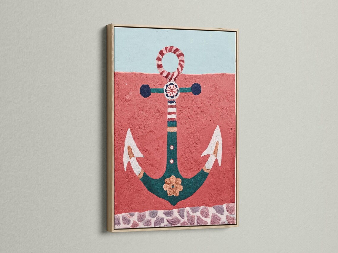 Illustrated nautical anchor with a red-and-white lifebuoy ring on a textured red background detail view