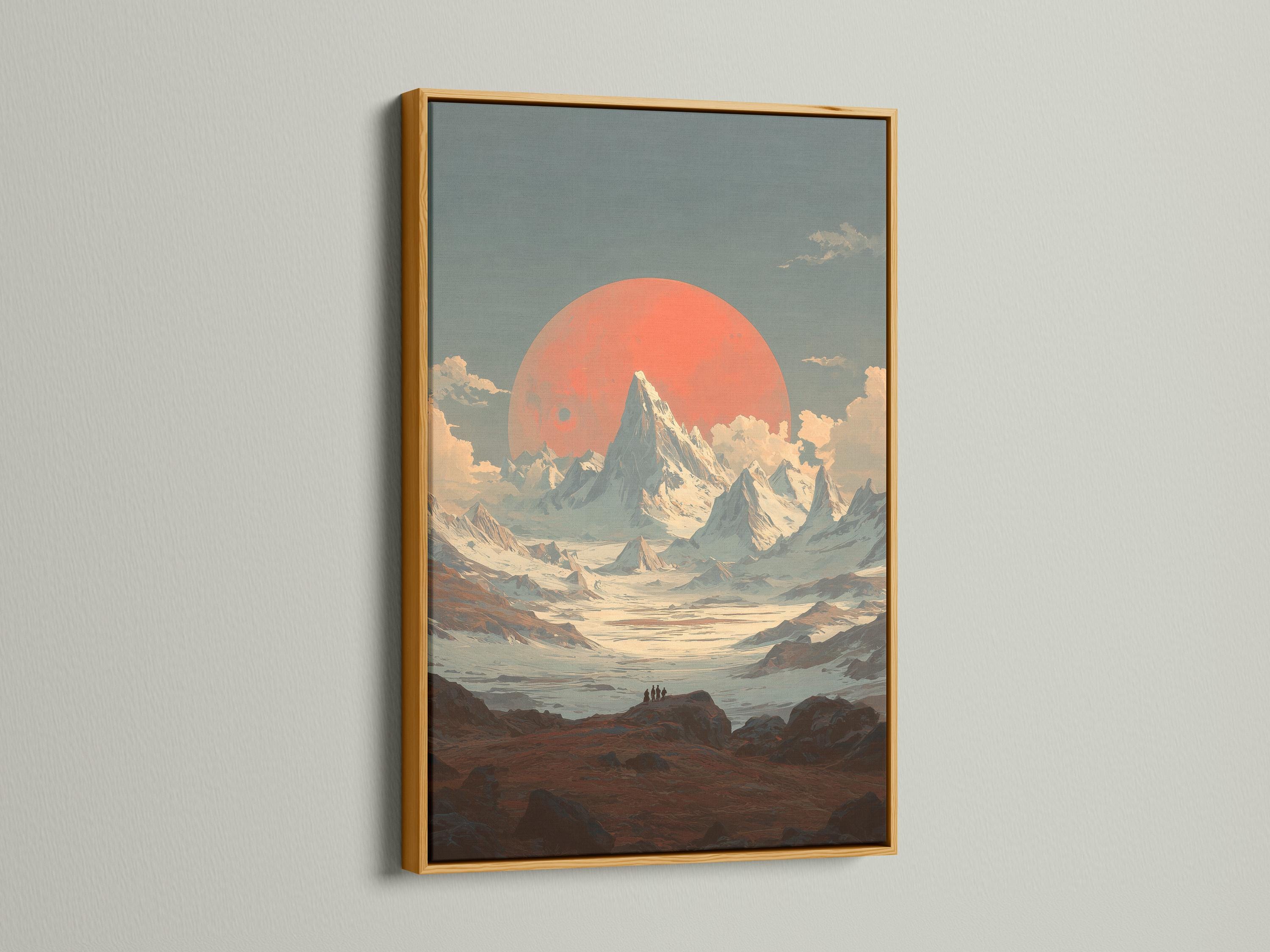 Framed stylised mountain sunset landscape artwork shown in a mock display