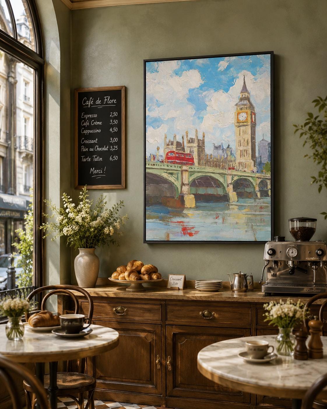 Room mockup with a framed blue cityscape artwork above a wooden sideboard and dining table