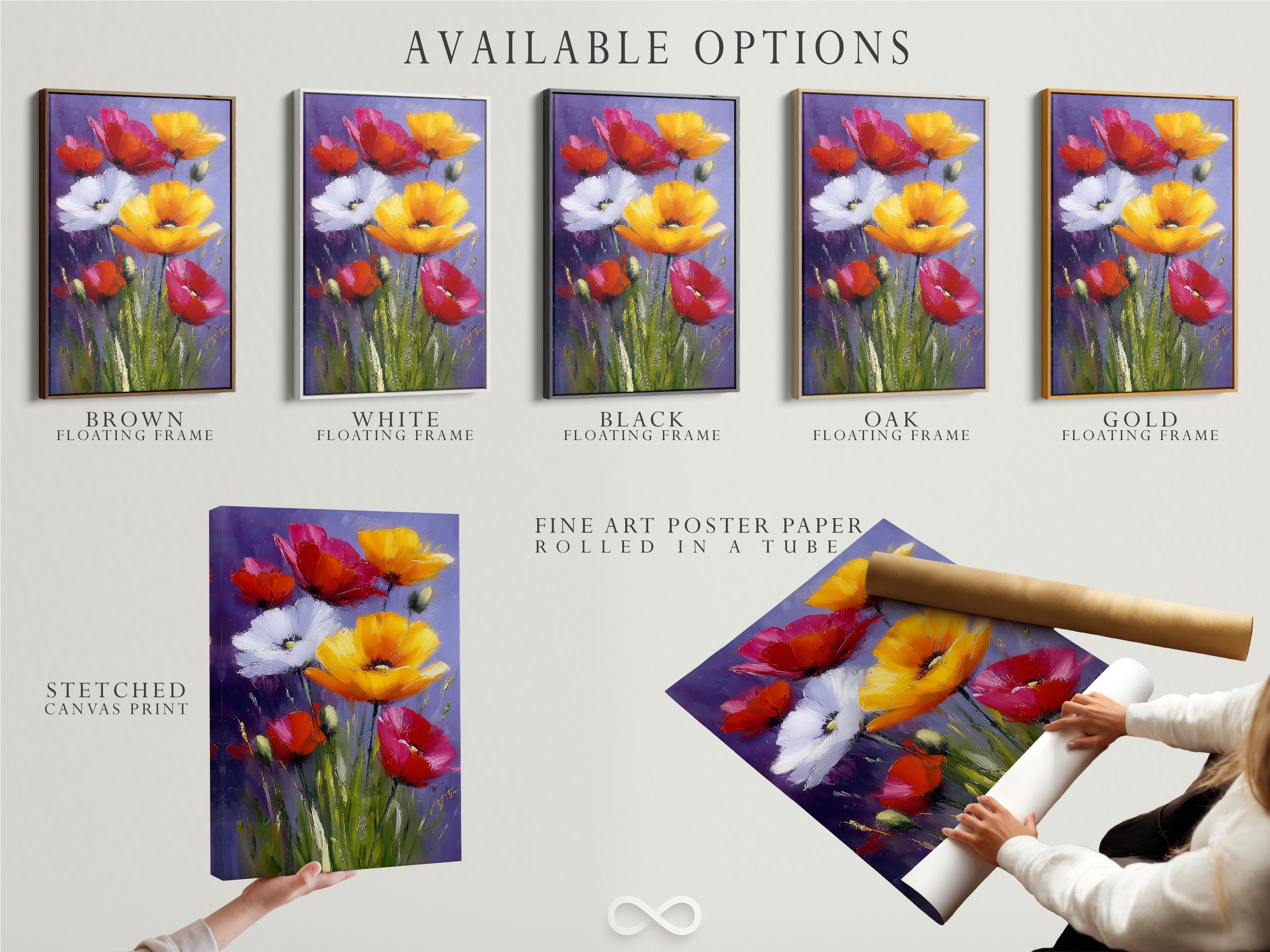 Floral artwork mockup showing a framed poppy bouquet on a light wall, with style variants on the left