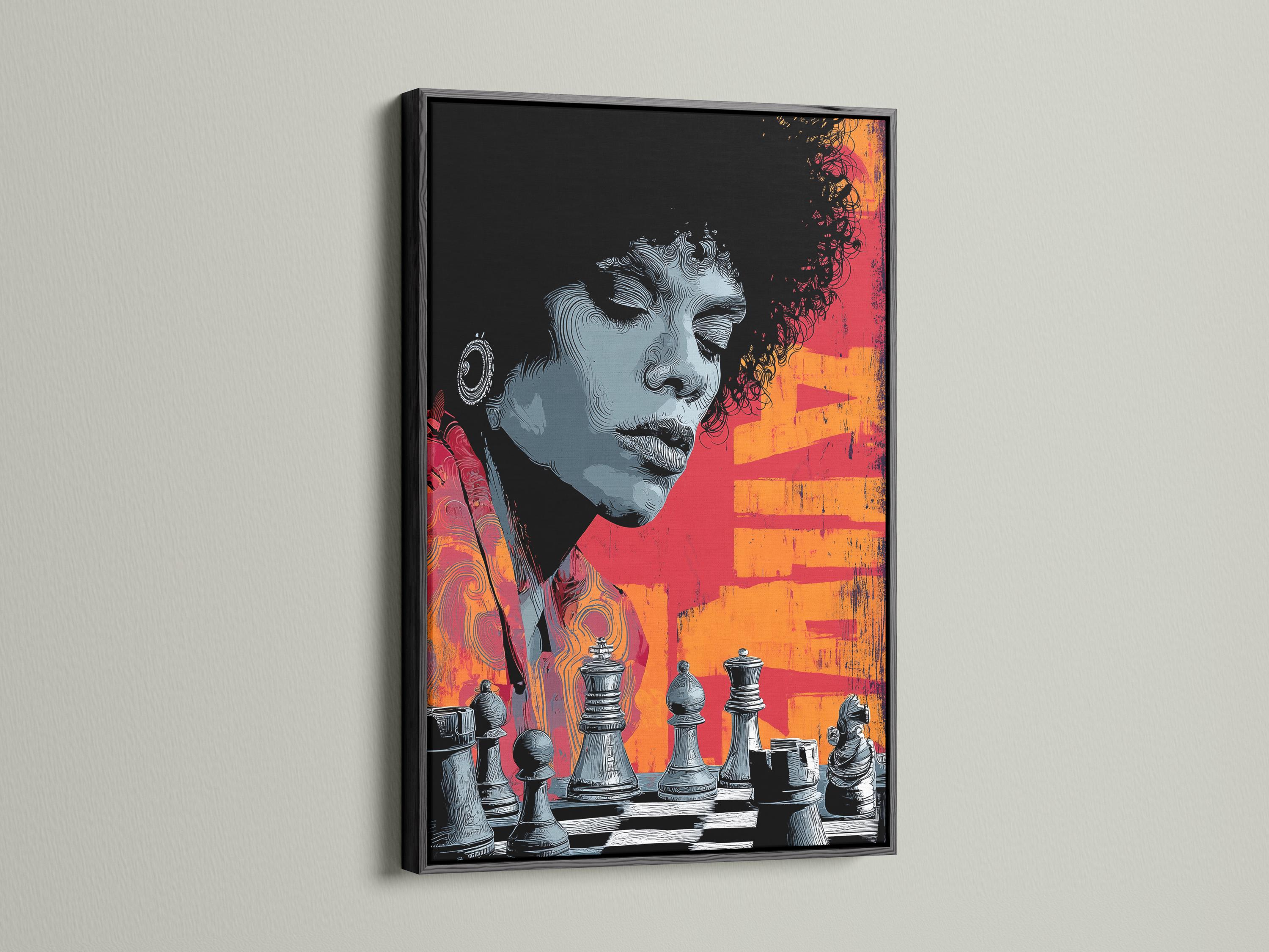 Stylised chess player portrait with orange and red geometric blocks and monochrome chess pieces detail view