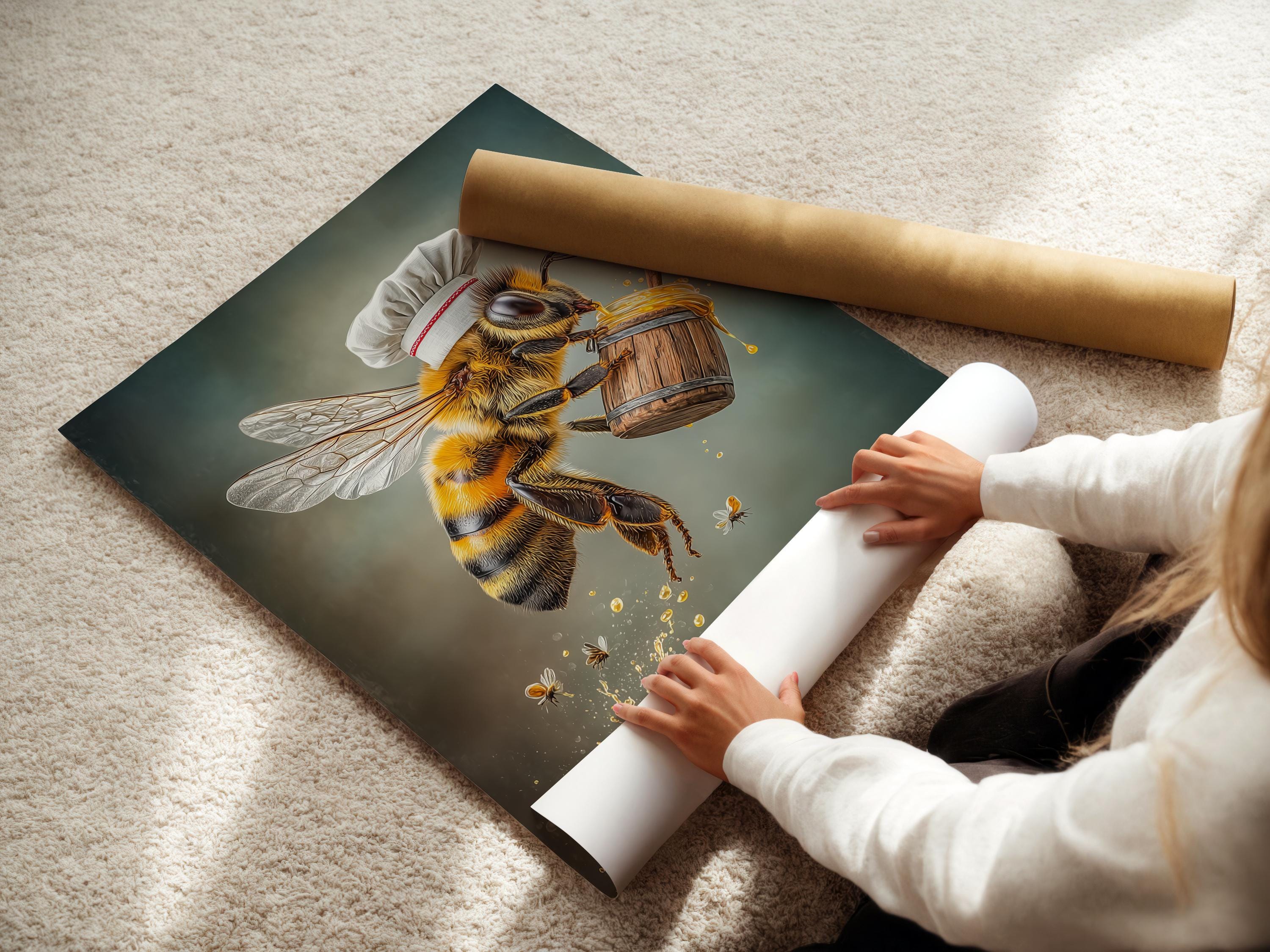 A painterly bee chef stands above a golden honey splash, holding a wooden barrel-like container and wearing a white hat, on a teal-grey background