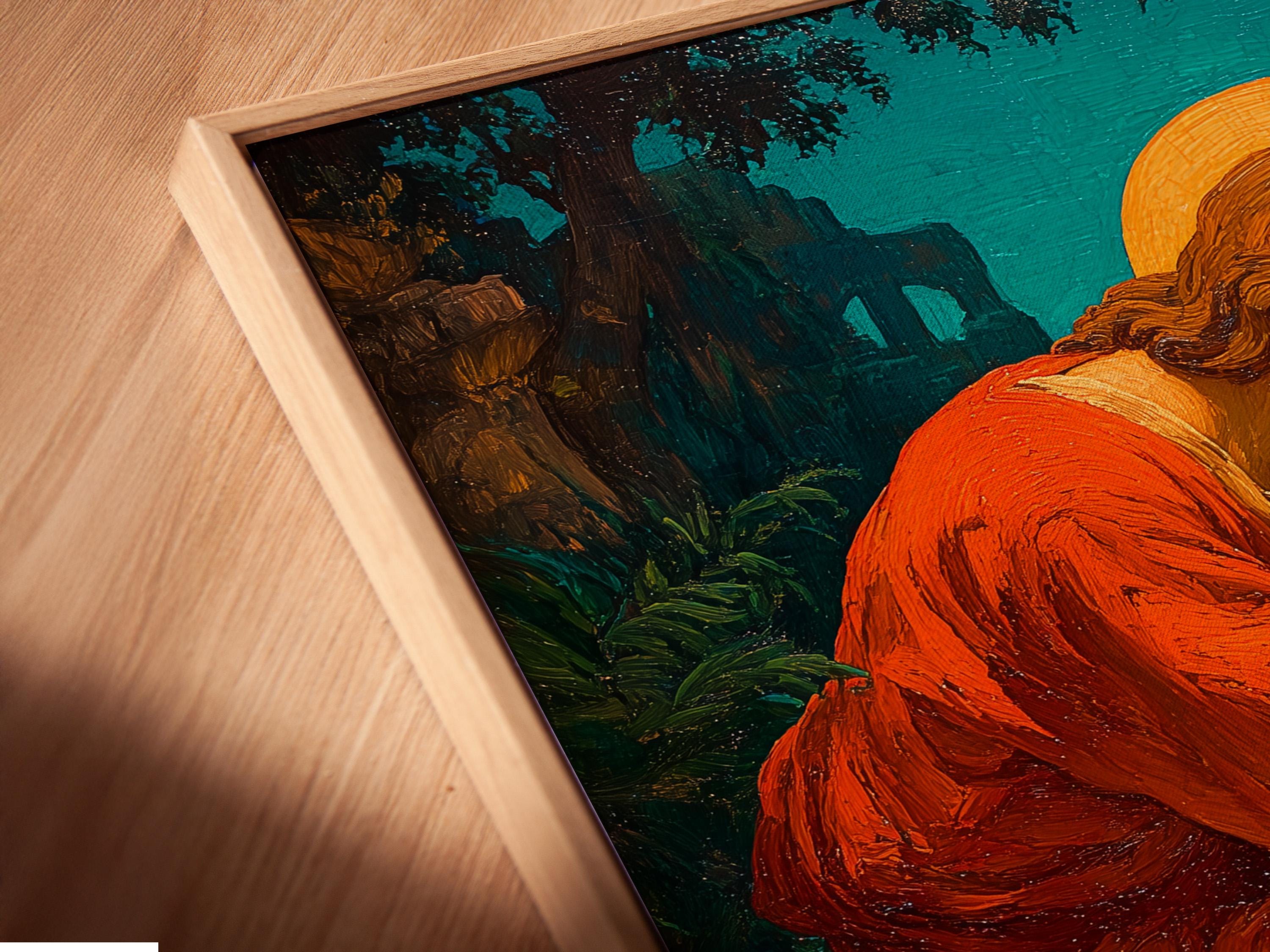 Praying figure with an orange halo, robed in red, against a teal landscape background detail view