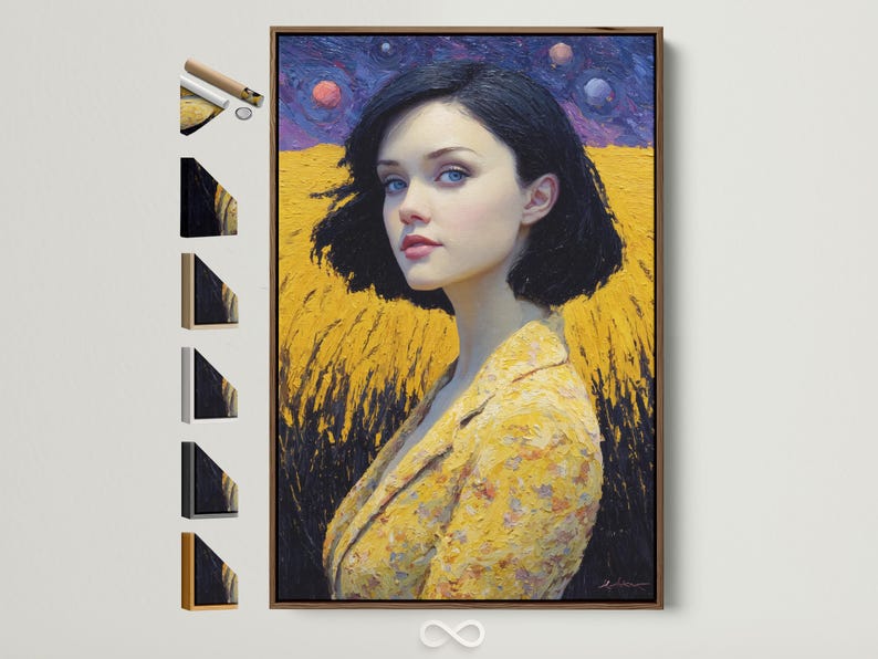 Stylised portrait of a woman with blue eyes in warm gold tones against a swirling purple starry sky