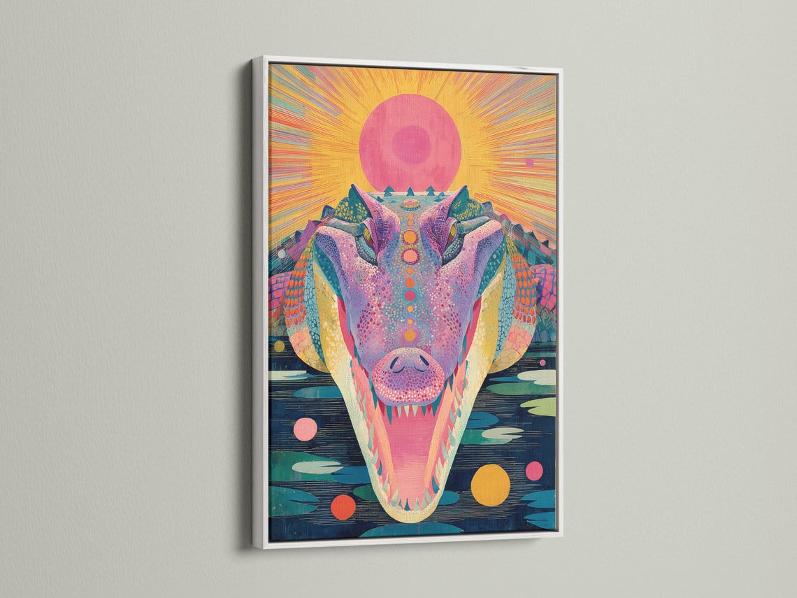 Stylised alligator portrait with a large pink sunburst, bright pink and teal scales, and dark blue water strokes detail view