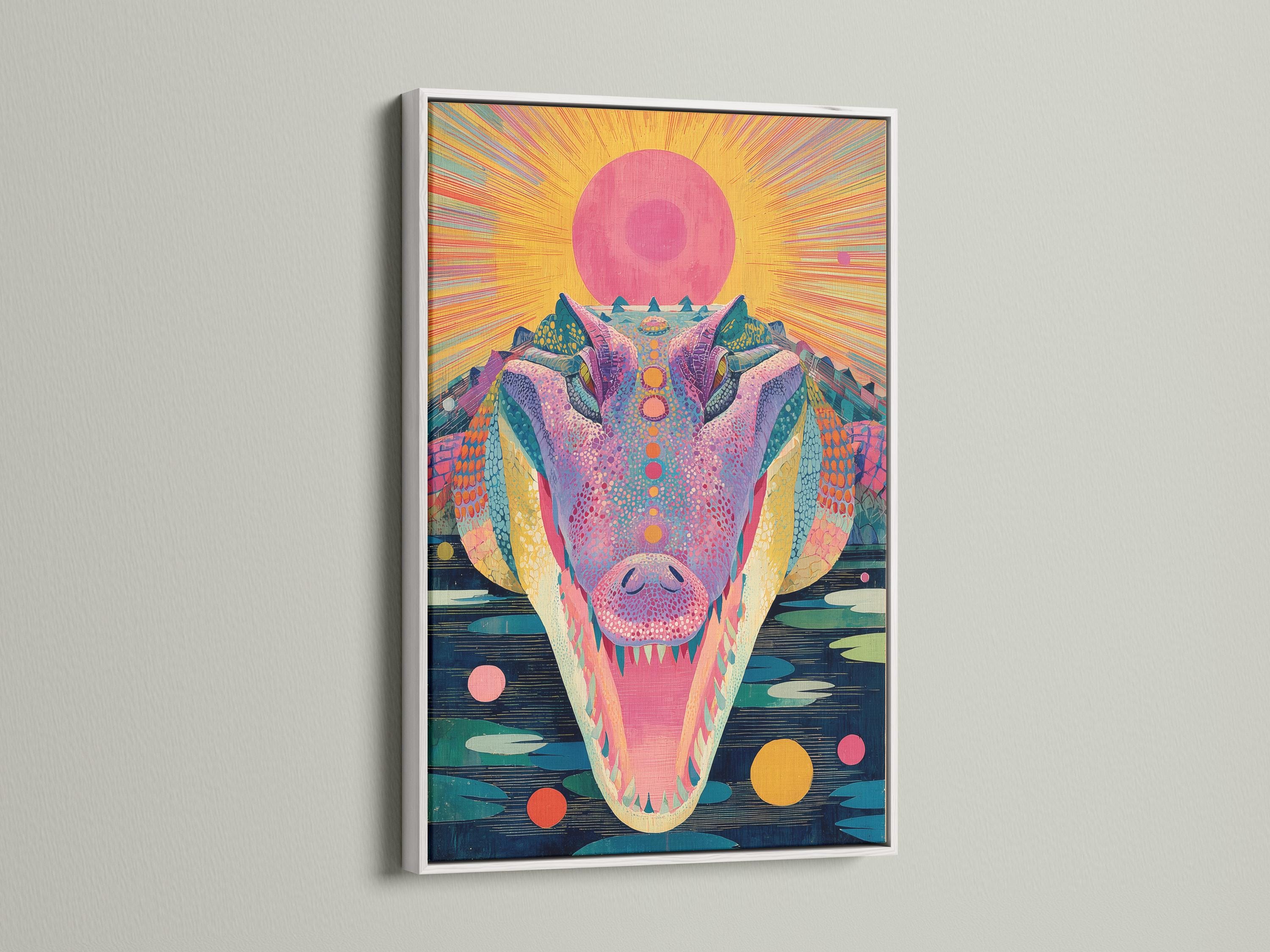 Stylised alligator portrait with a large pink sunburst, bright pink and teal scales, and dark blue water strokes detail view