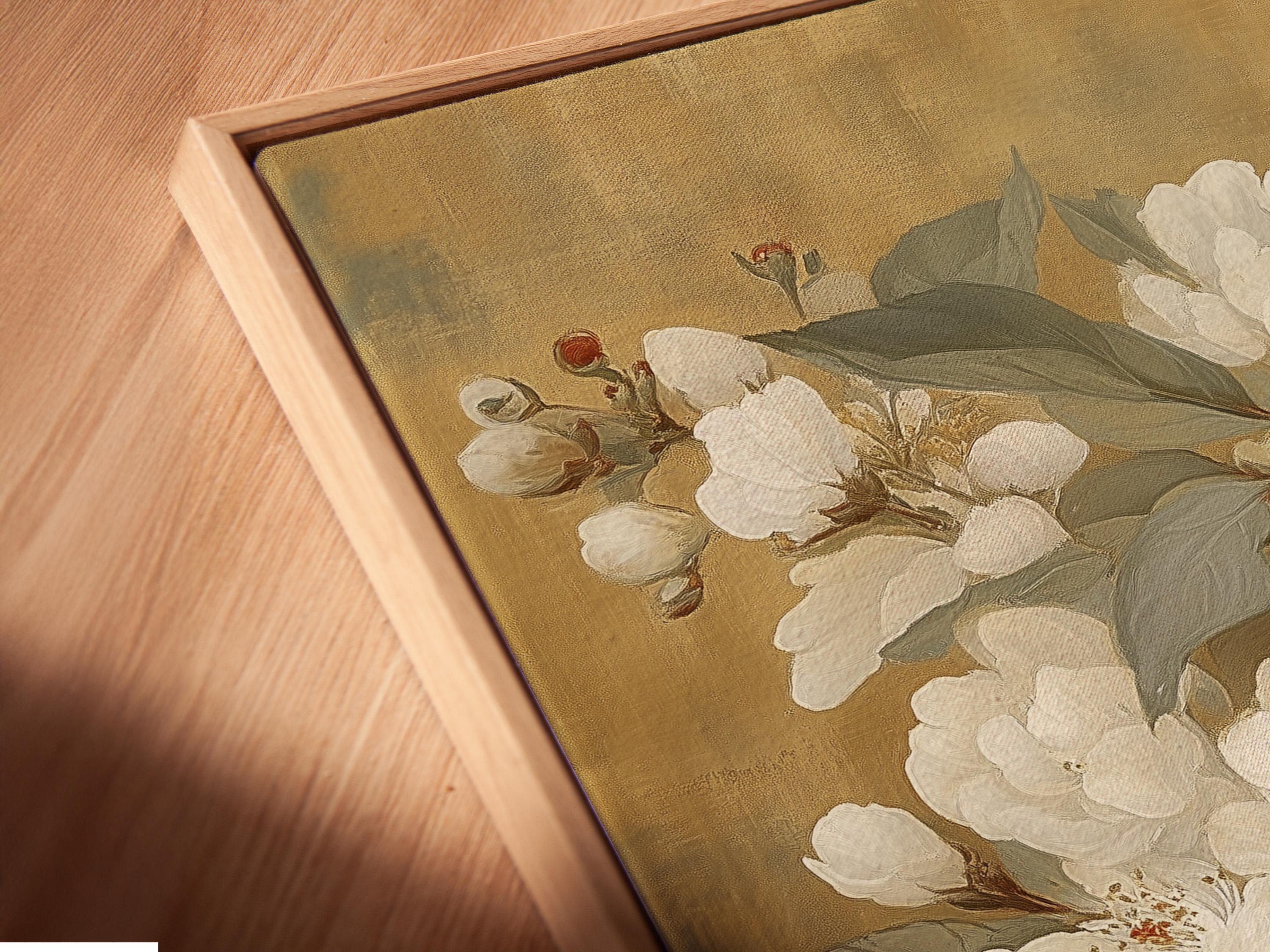 White blossom flowers with green leaves and a butterfly on a warm beige background detail view