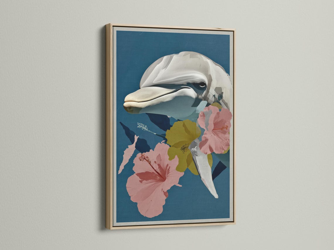 Dolphin in profile surrounded by large pink hibiscus flowers on a teal-blue background detail view