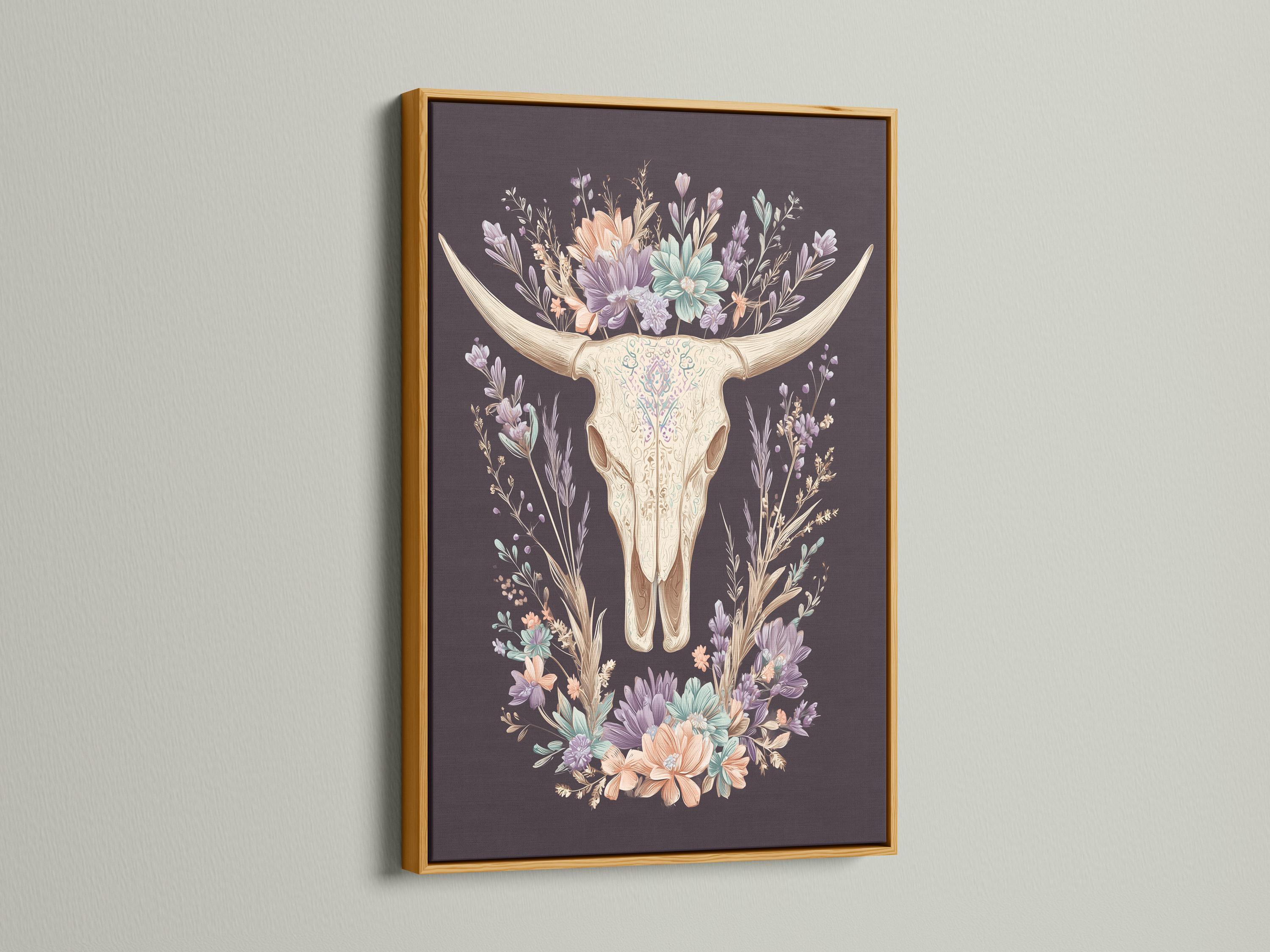 Bull skull illustration surrounded by a wreath of pastel wildflowers on a dark mauve background detail view