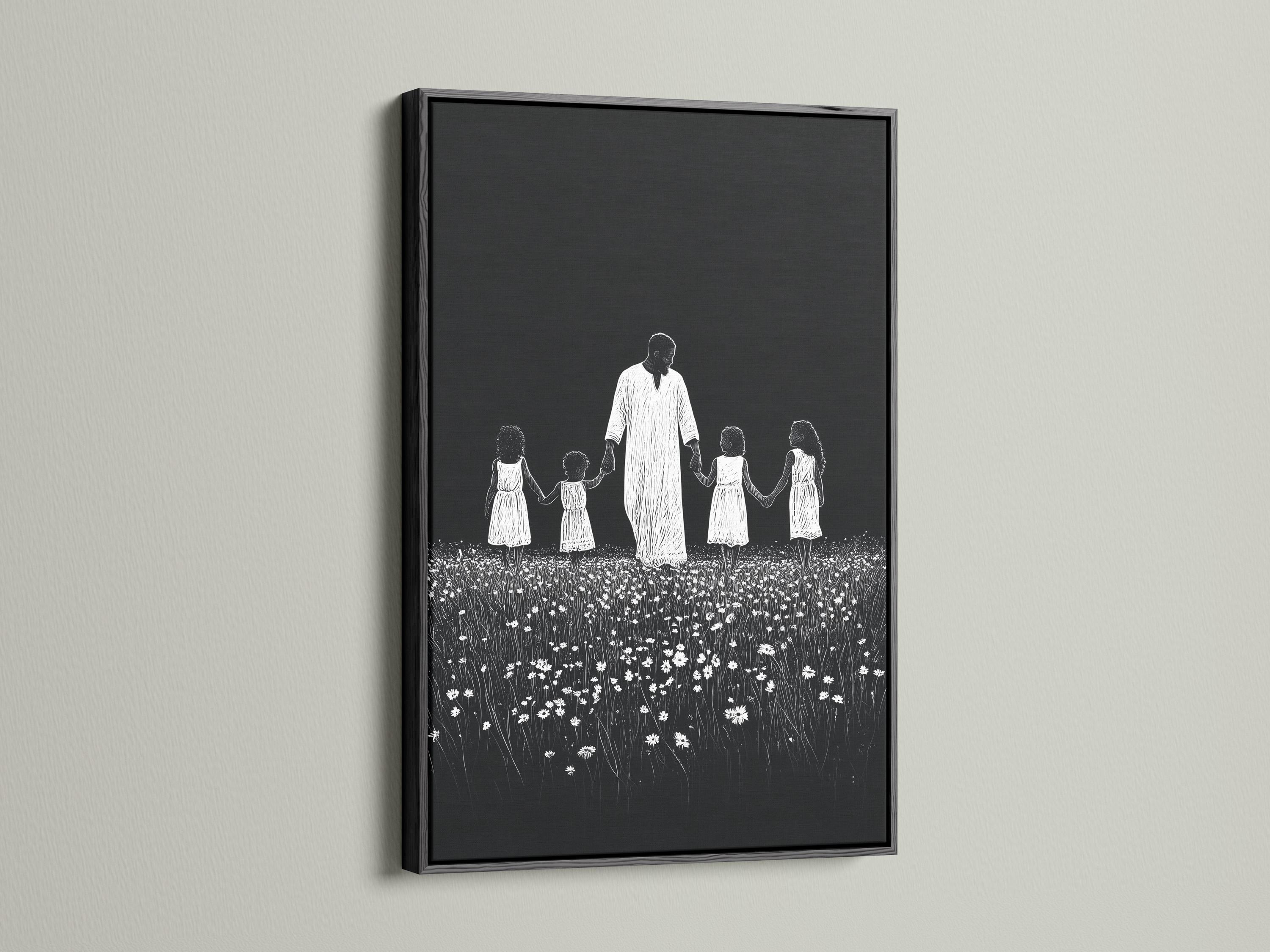 Monochrome line-art family scene of a father holding daughters’ hands in a flower field detail view