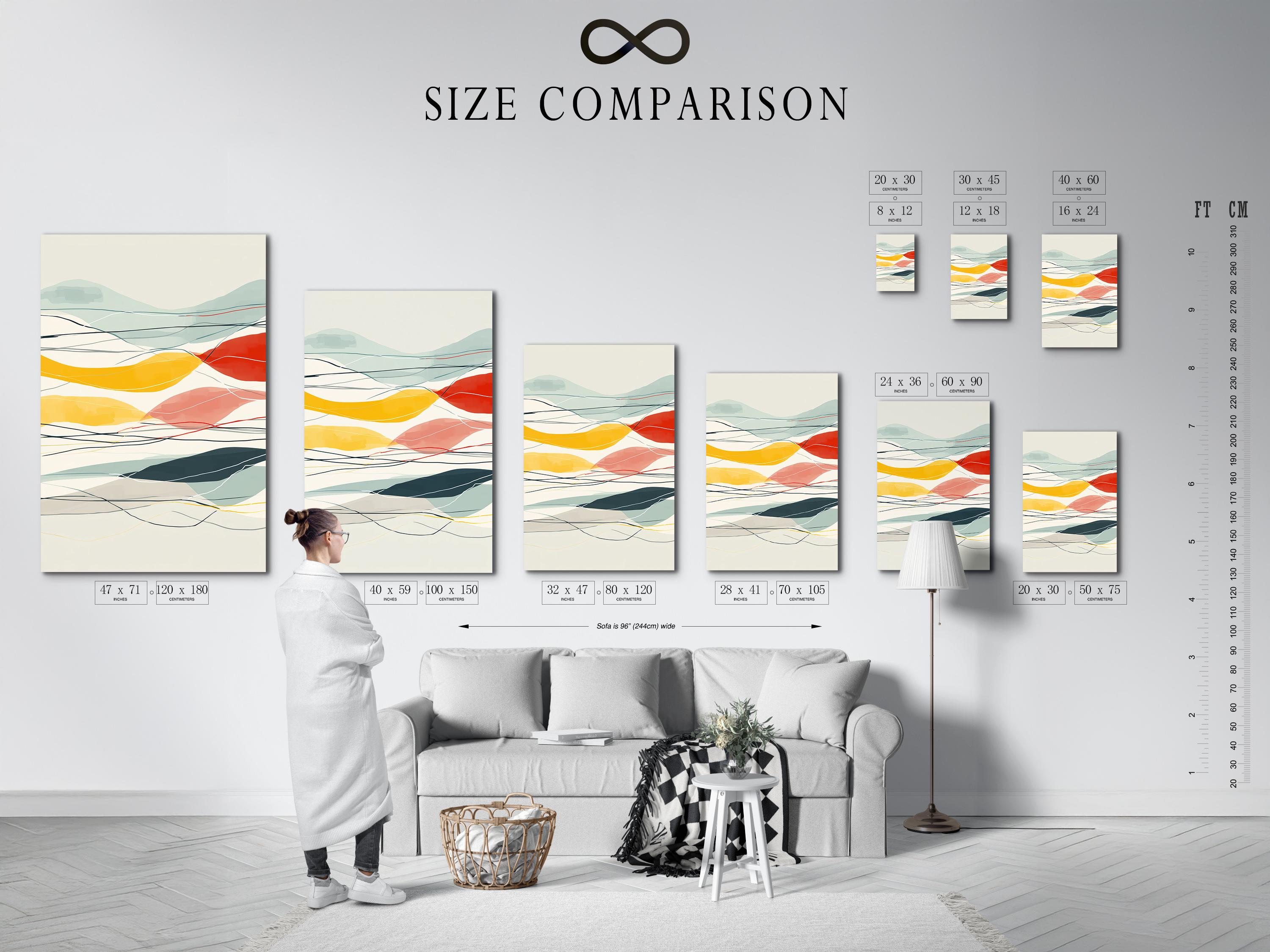 Mountain-inspired abstract geometric landscape in mint, cream, ochre and red with contour lines detail view