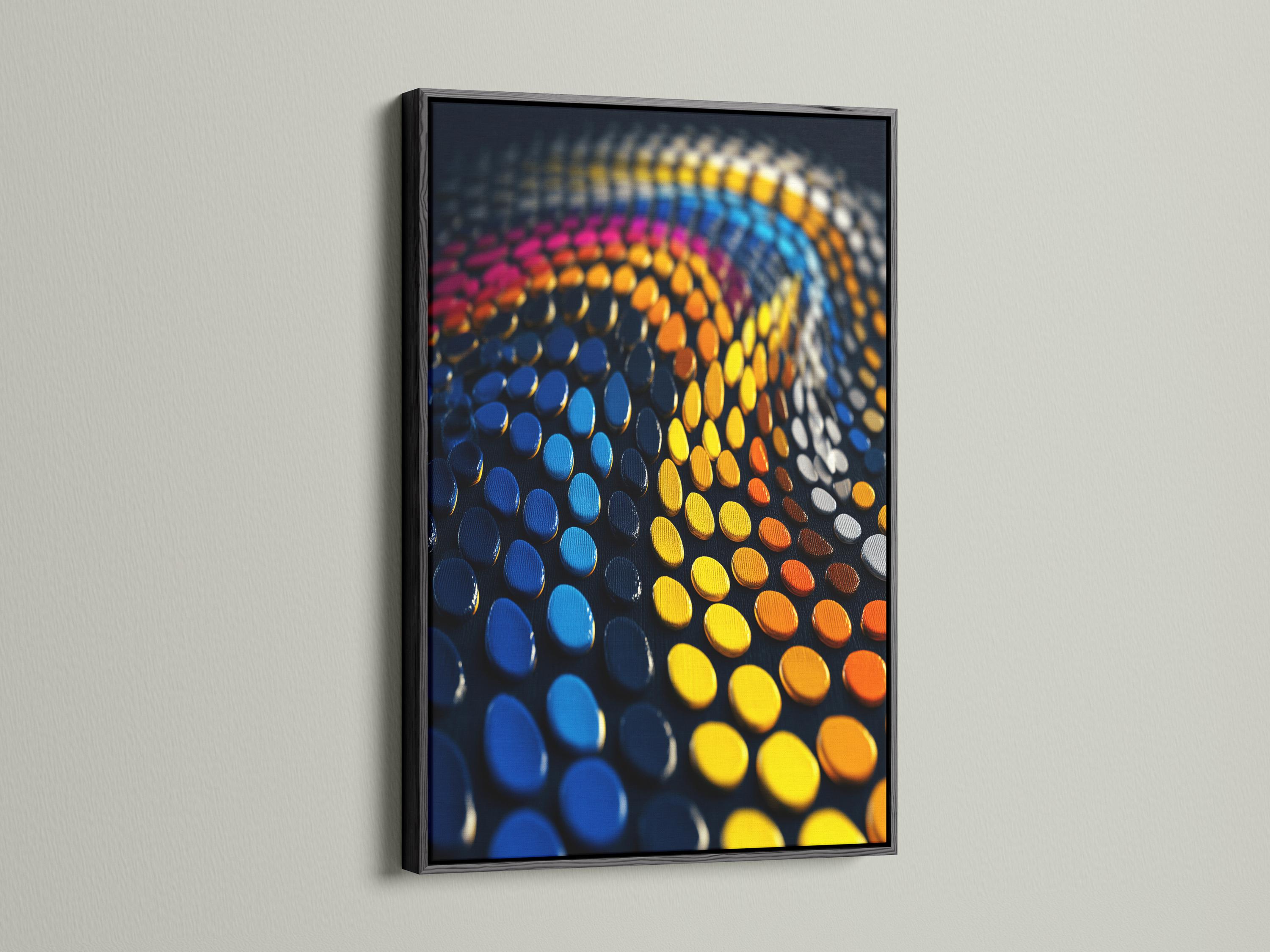 Abstract dots wave in blue, purple, yellow and orange on a dark background detail view