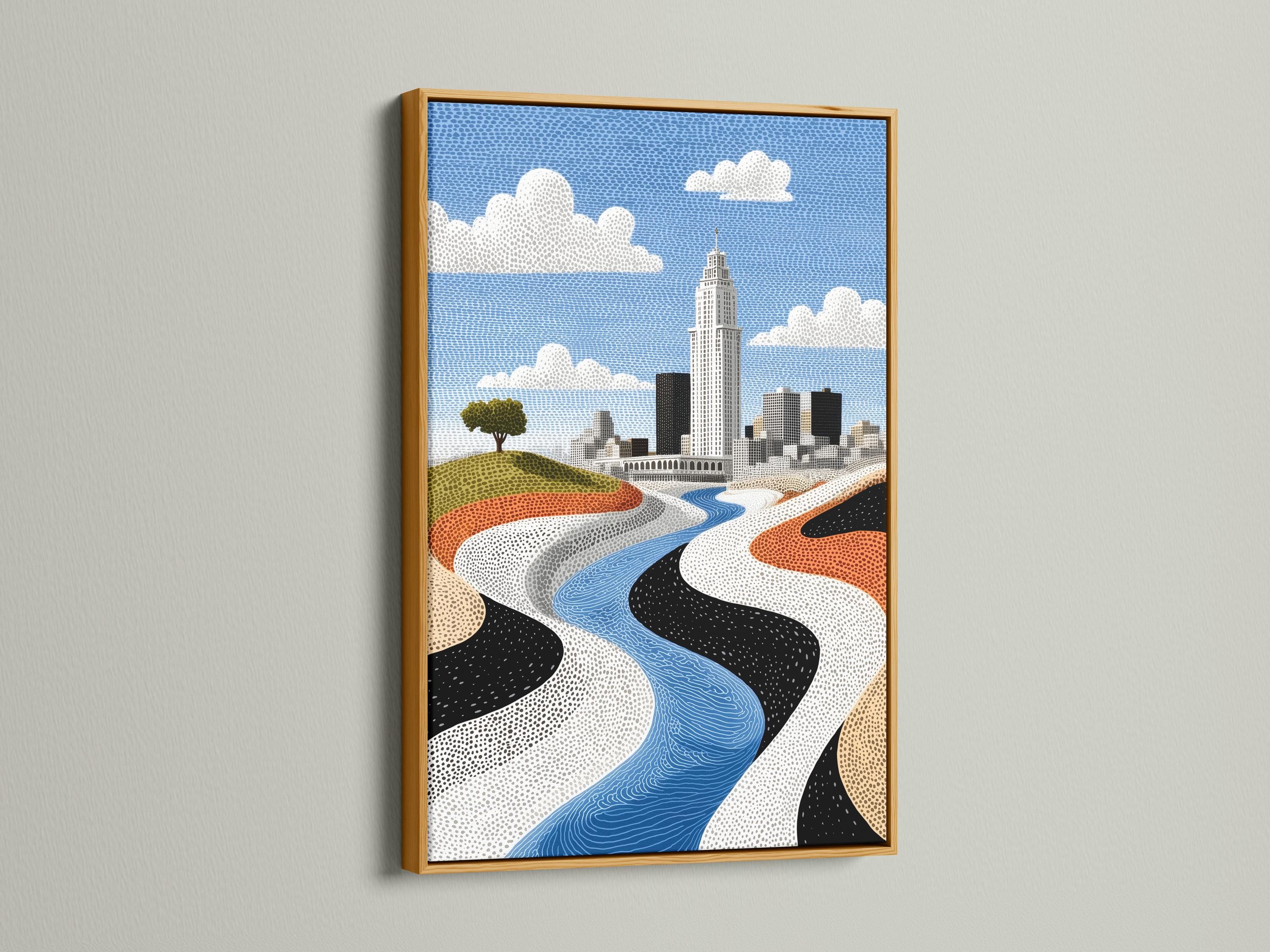 Room mockup showing a framed cityscape artwork with a blue river and skyline