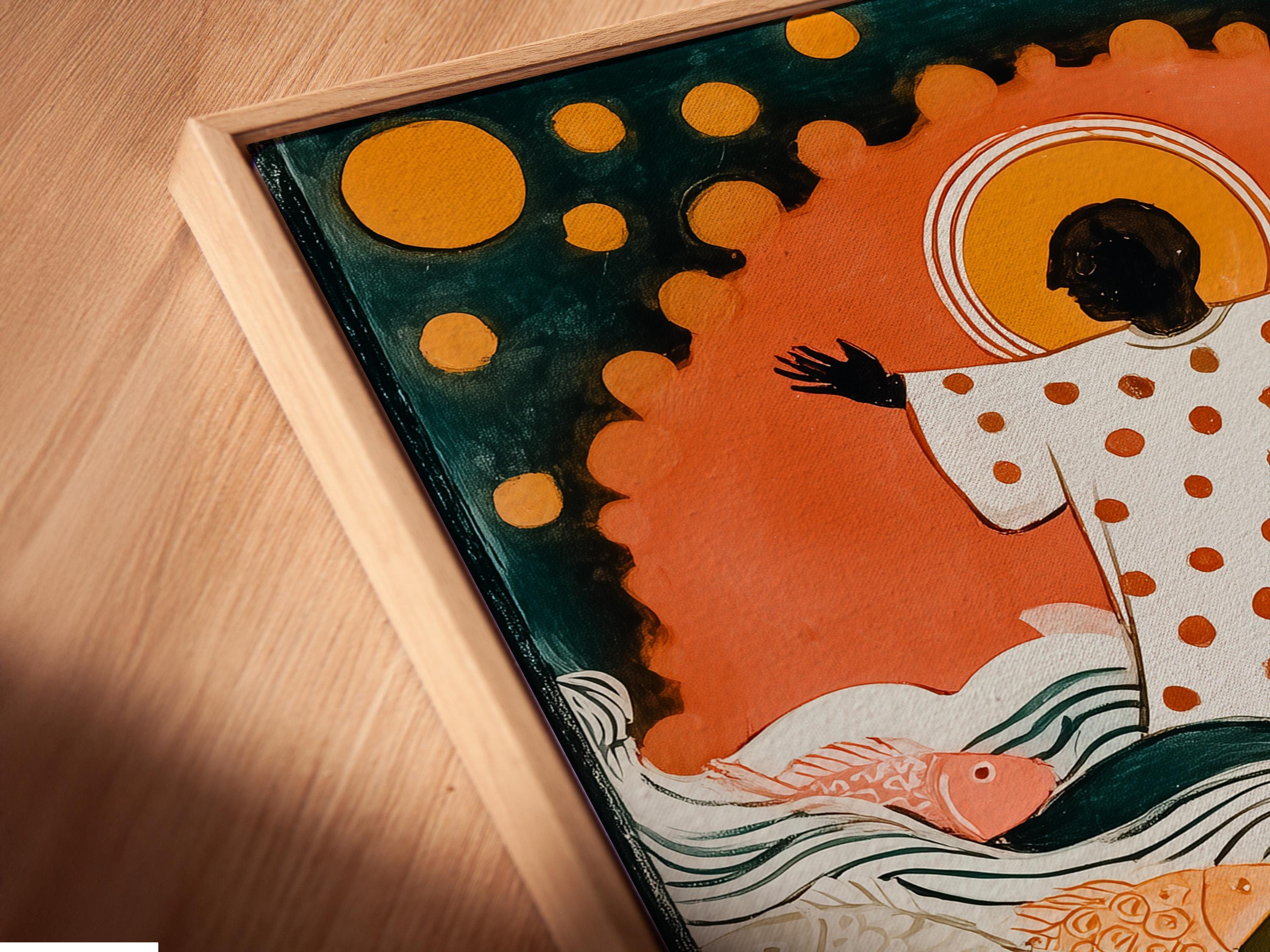 Illustrated underwater scene with many colourful fish swimming in teal and cream waves detail view