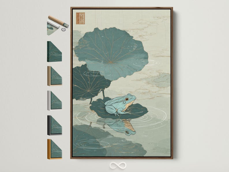 Illustration of two frogs on lily pads in a teal pond scene with wavy water lines