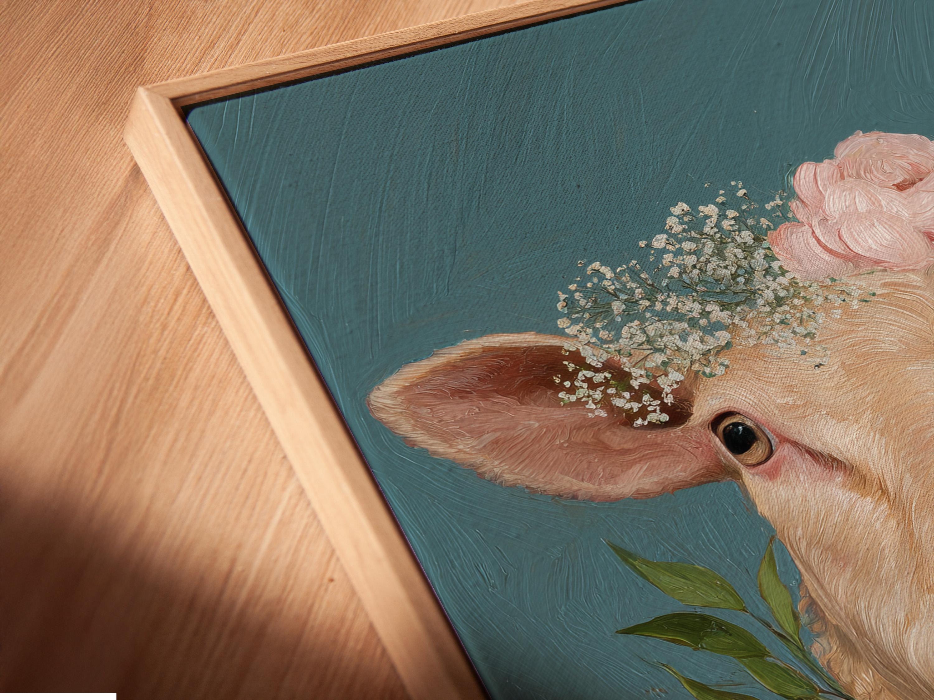 Portrait of a sheep with a pink floral crown and pearl-like necklace on a teal background detail view