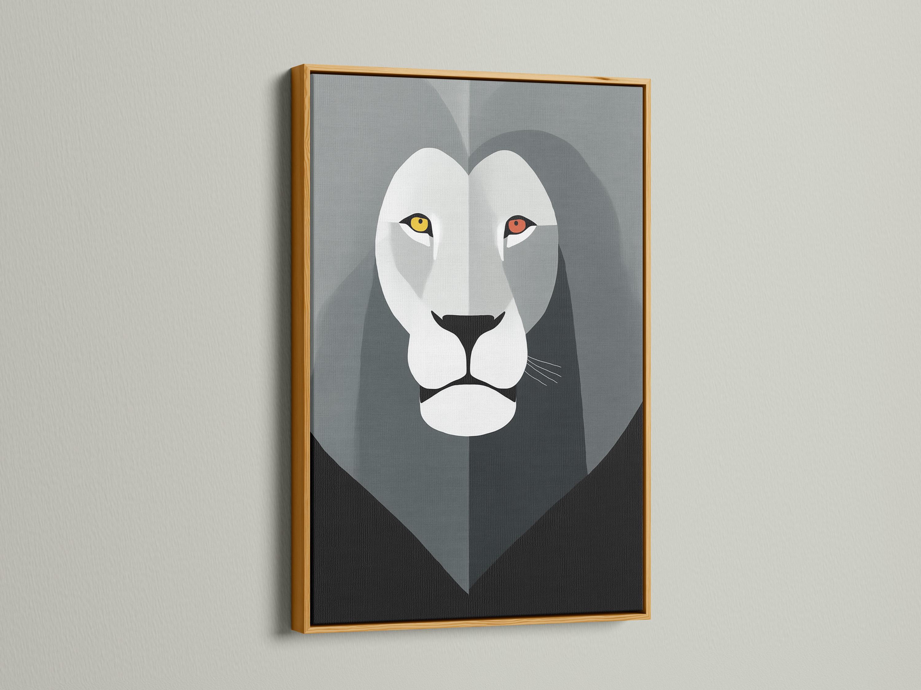 Geometric lion face artwork in grey and white with yellow and red eye accents detail view