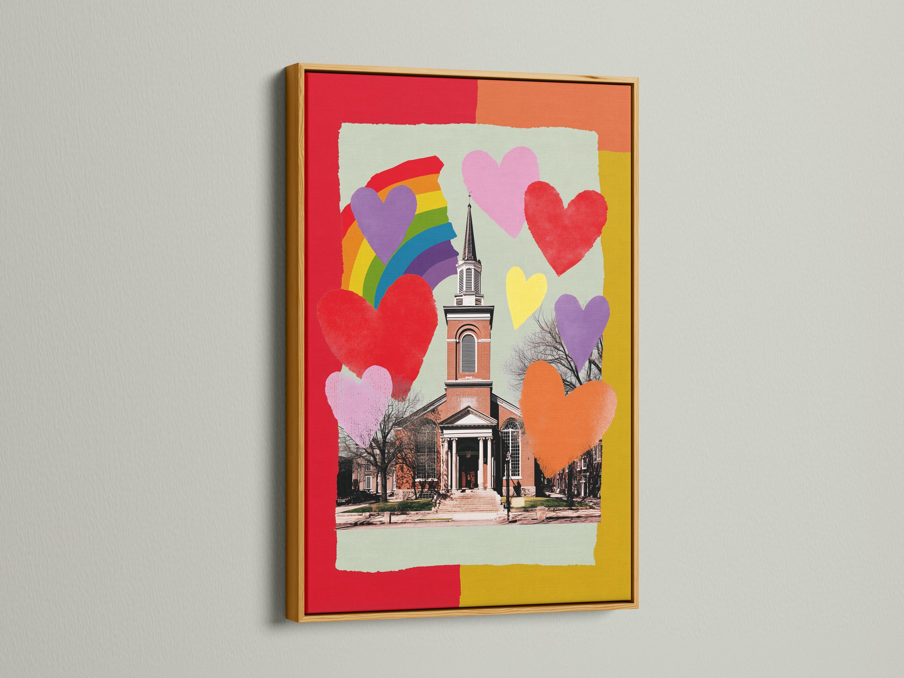 Rainbow hearts church artwork with a rainbow arch and colourful heart shapes detail view