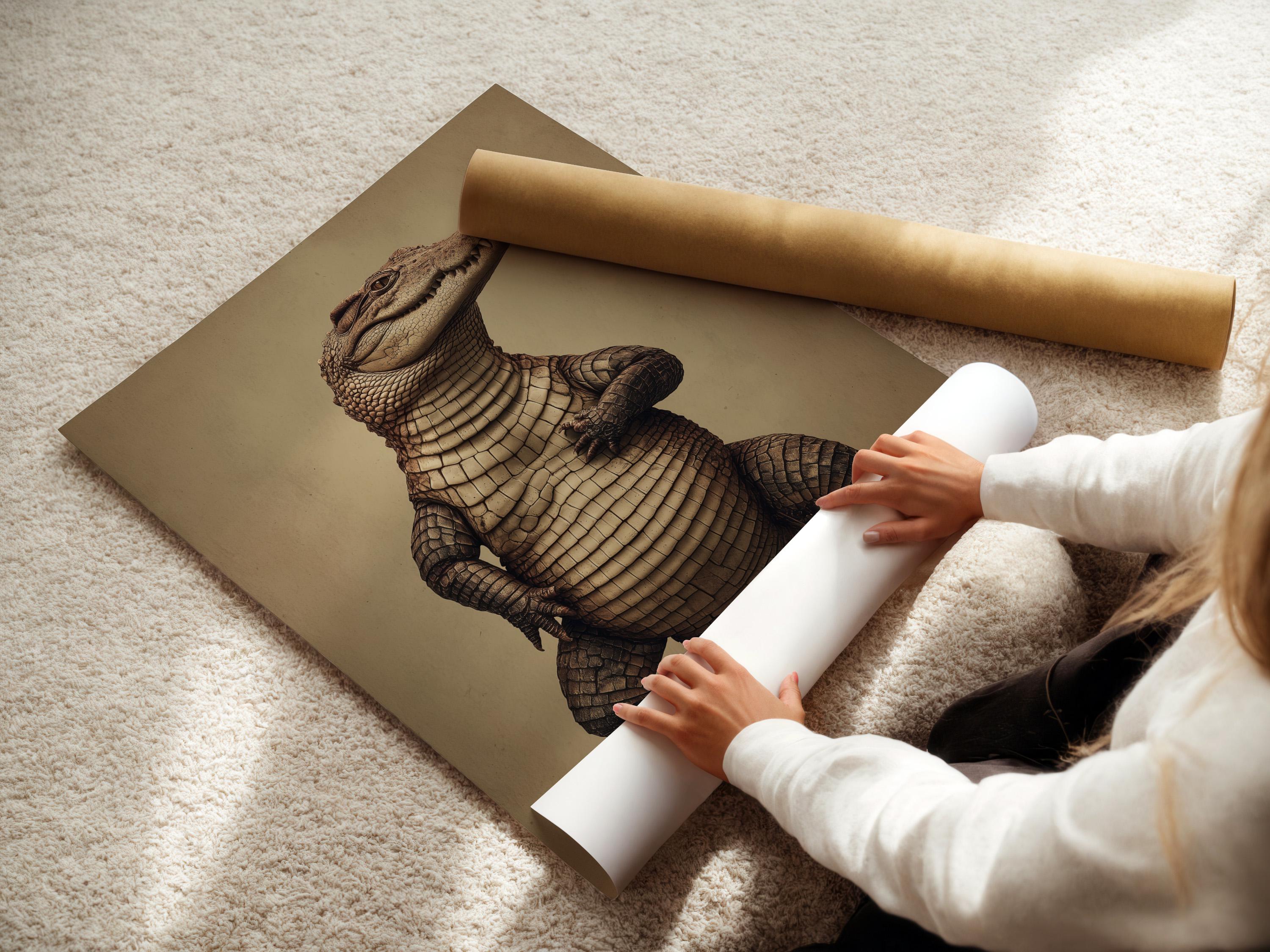 Sepia alligator portrait with detailed scales against a warm background detail view