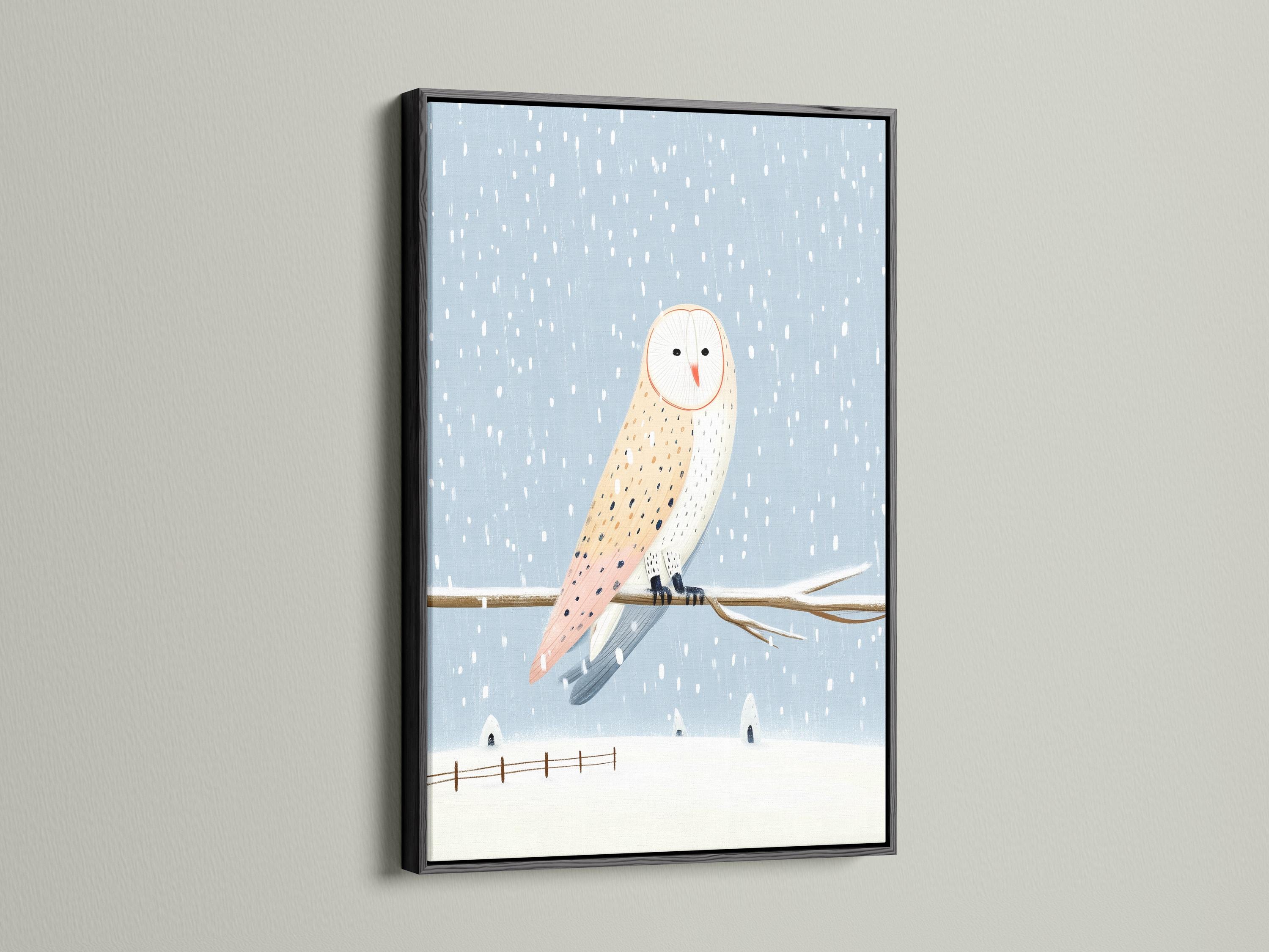 Illustrated owl flying through falling snow in a blue winter scene detail view