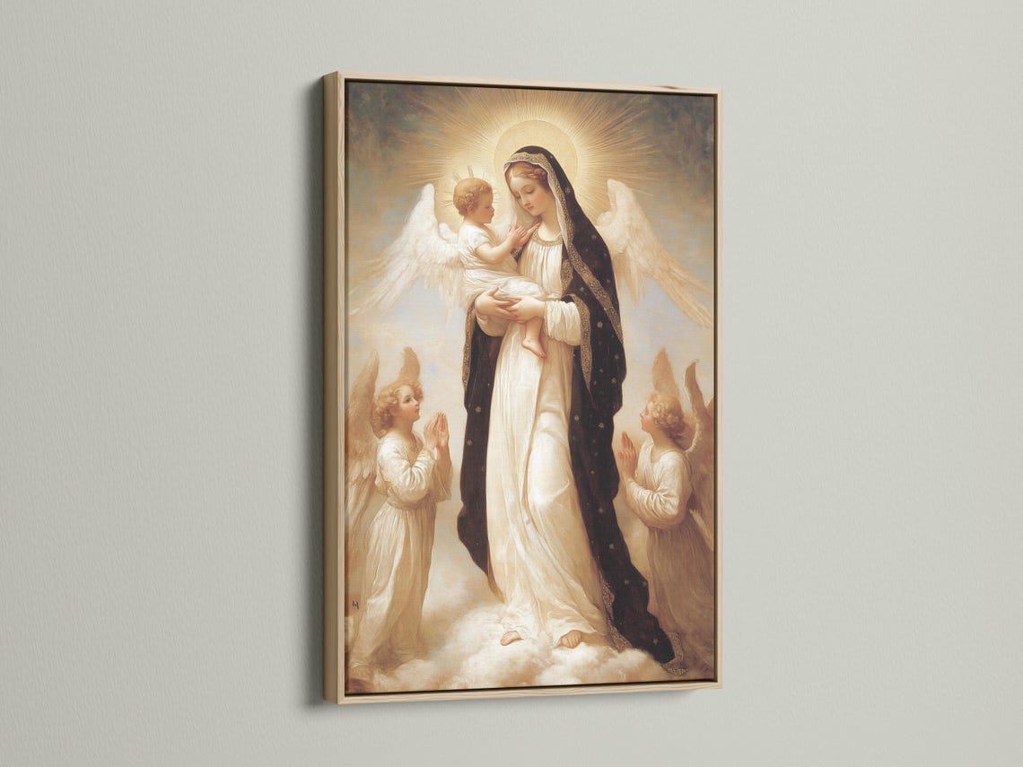 Portrait religious painting of a haloed woman holding a child with angel wings and praying figures detail view