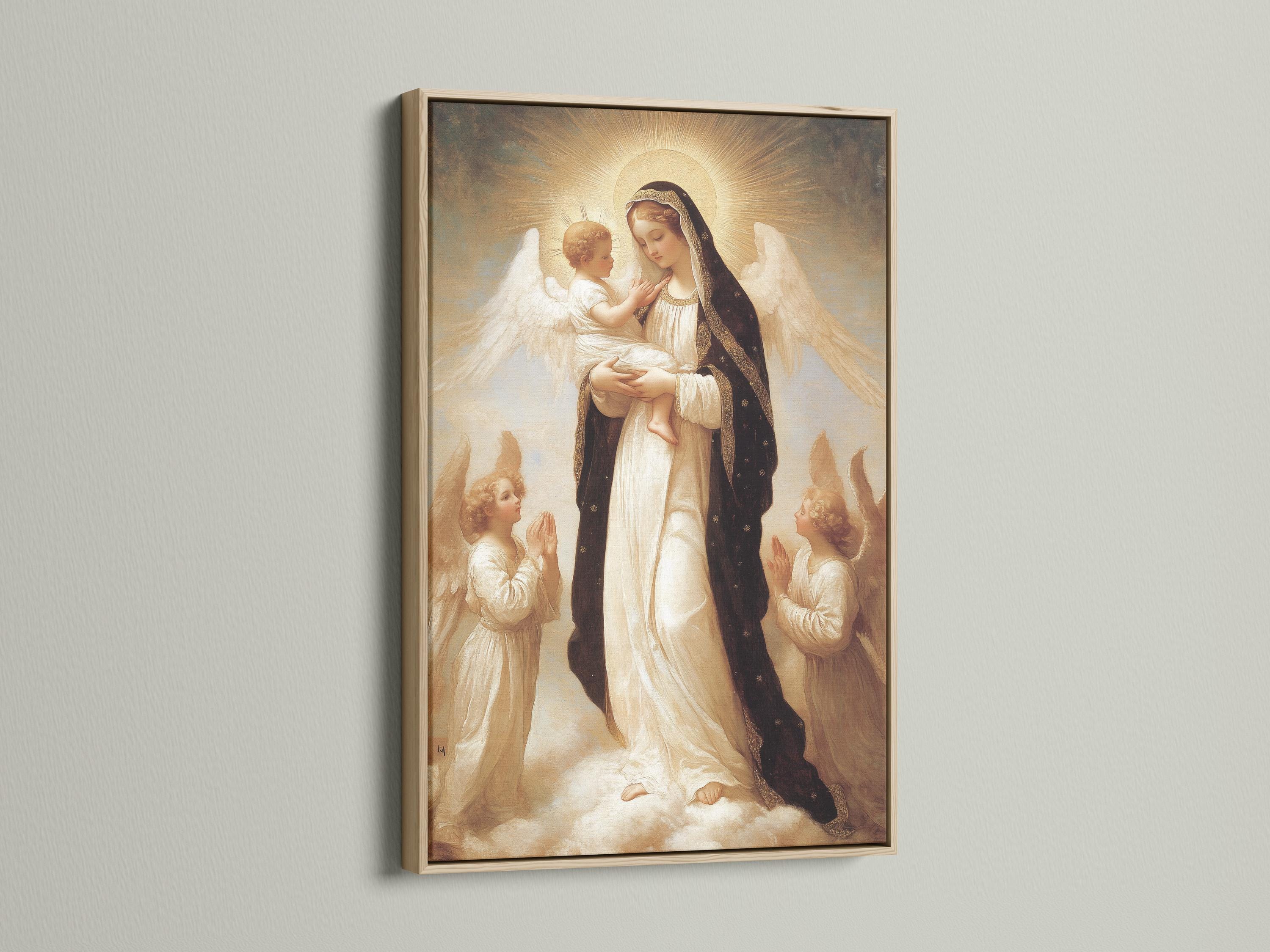 Portrait religious painting of a haloed woman holding a child with angel wings and praying figures detail view