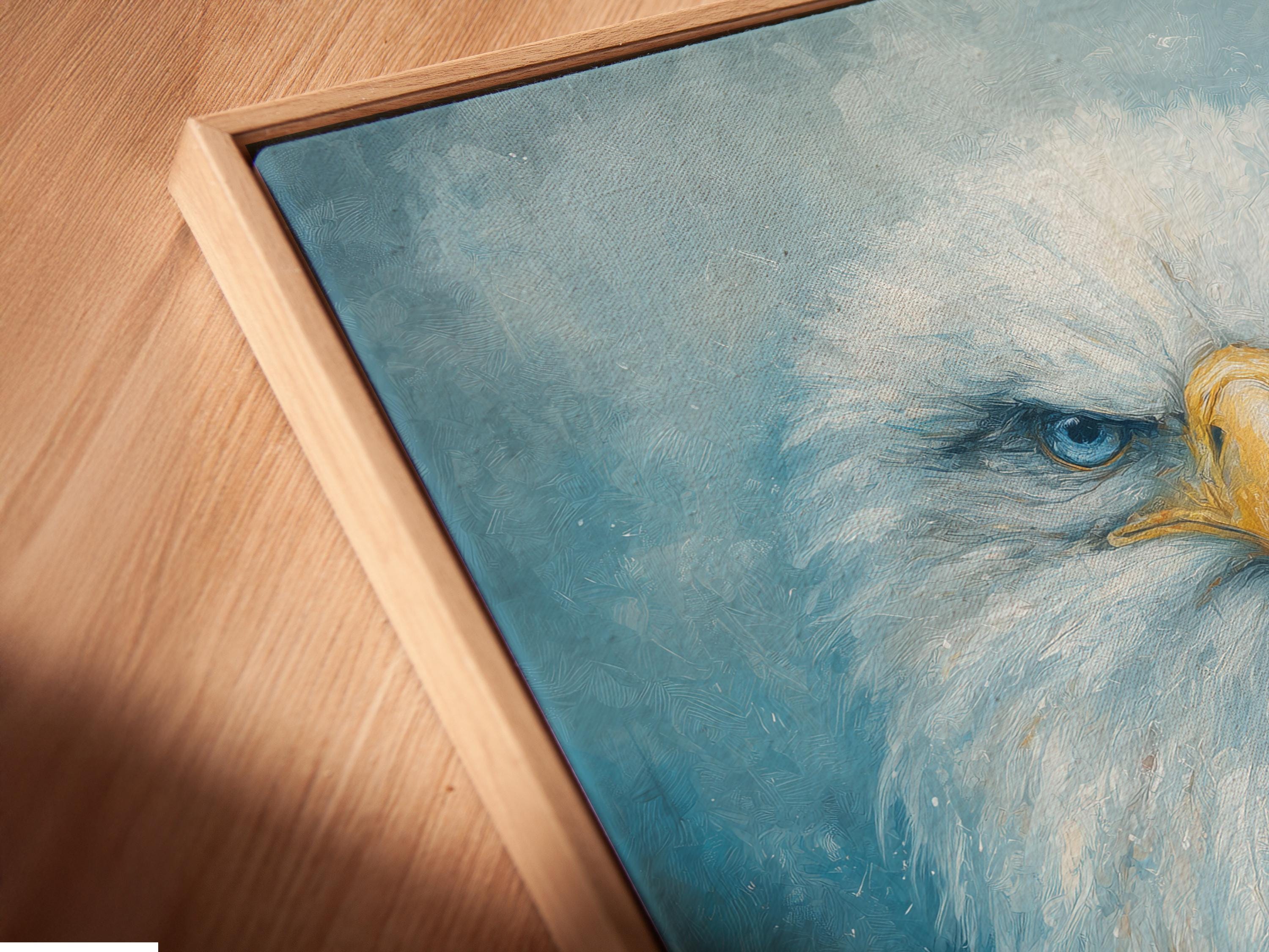 Blue and gold eagle portrait with radiating feathers on a textured teal background detail view