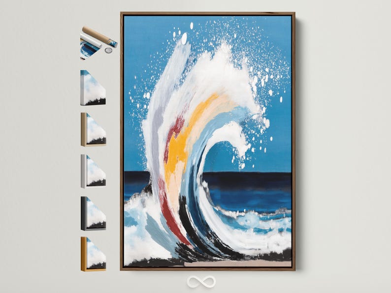 Abstract ocean wave painting with foamy white crest on teal blue background