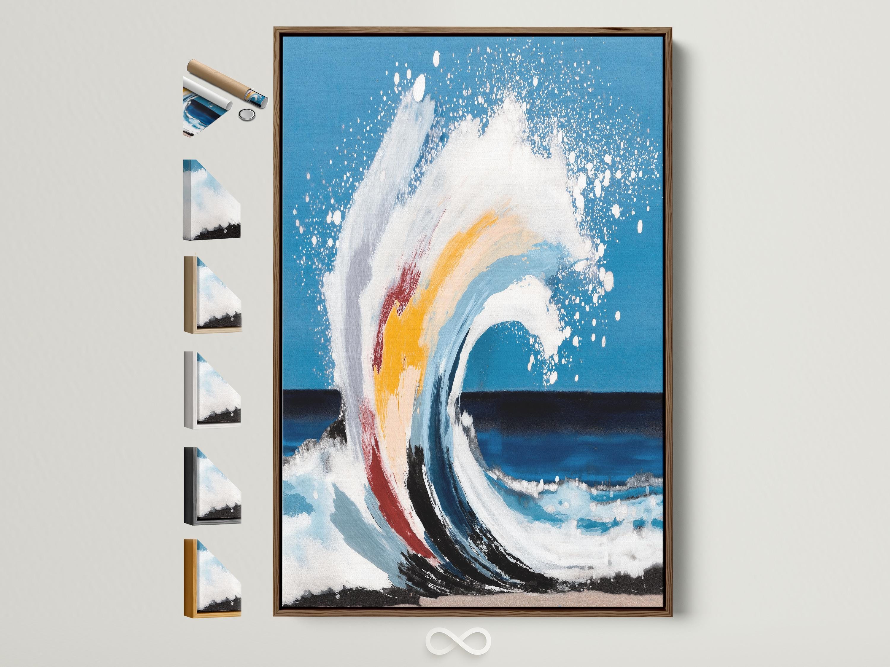 Abstract ocean wave painting with foamy white crest on teal blue background
