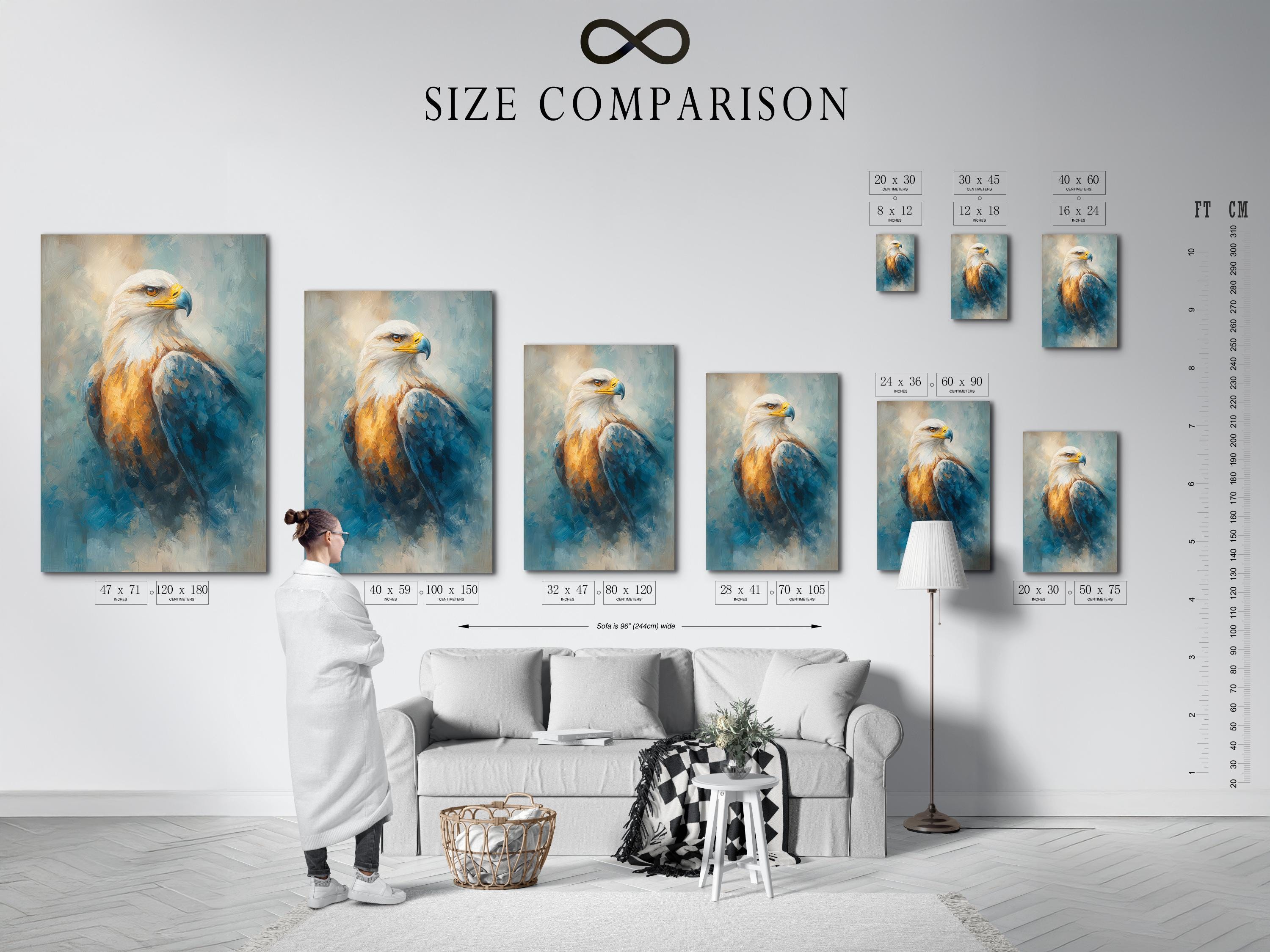 Room mockup showing framed eagle wall art with teal-blue and gold tones