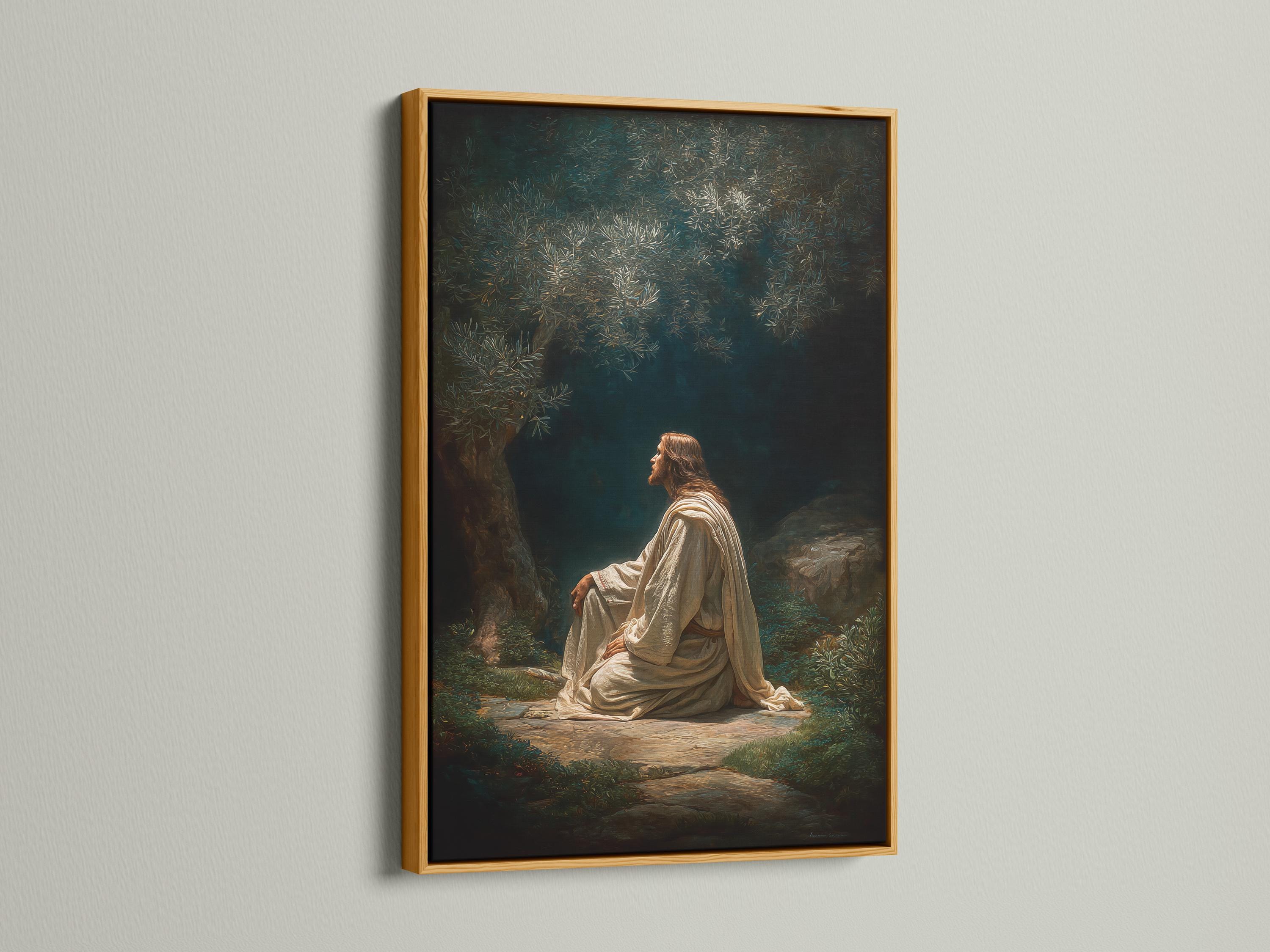 Seated praying figure in light robes in a dark green forest with glowing leaves detail view