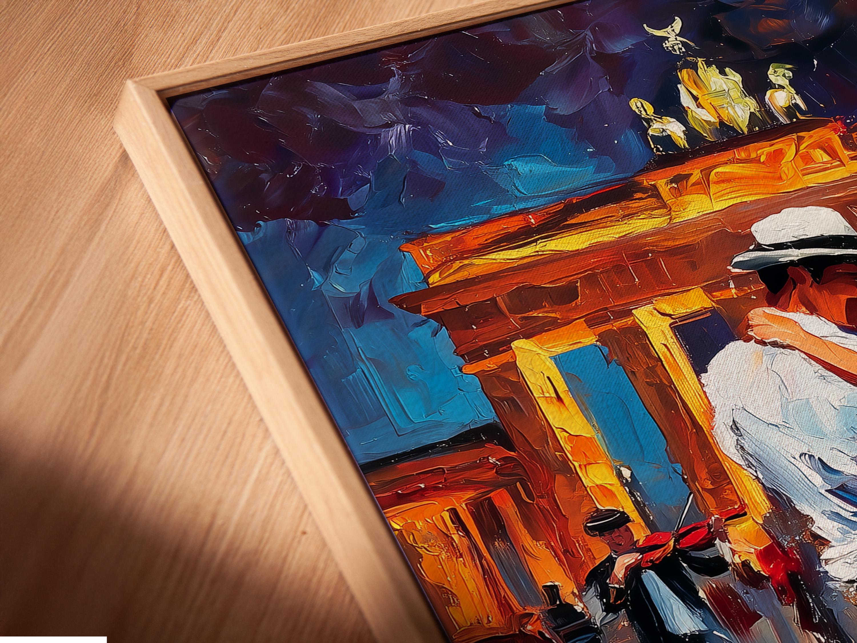 Painterly night cityscape showing a dancing couple with warm glowing buildings, blue shadows and red accents detail view