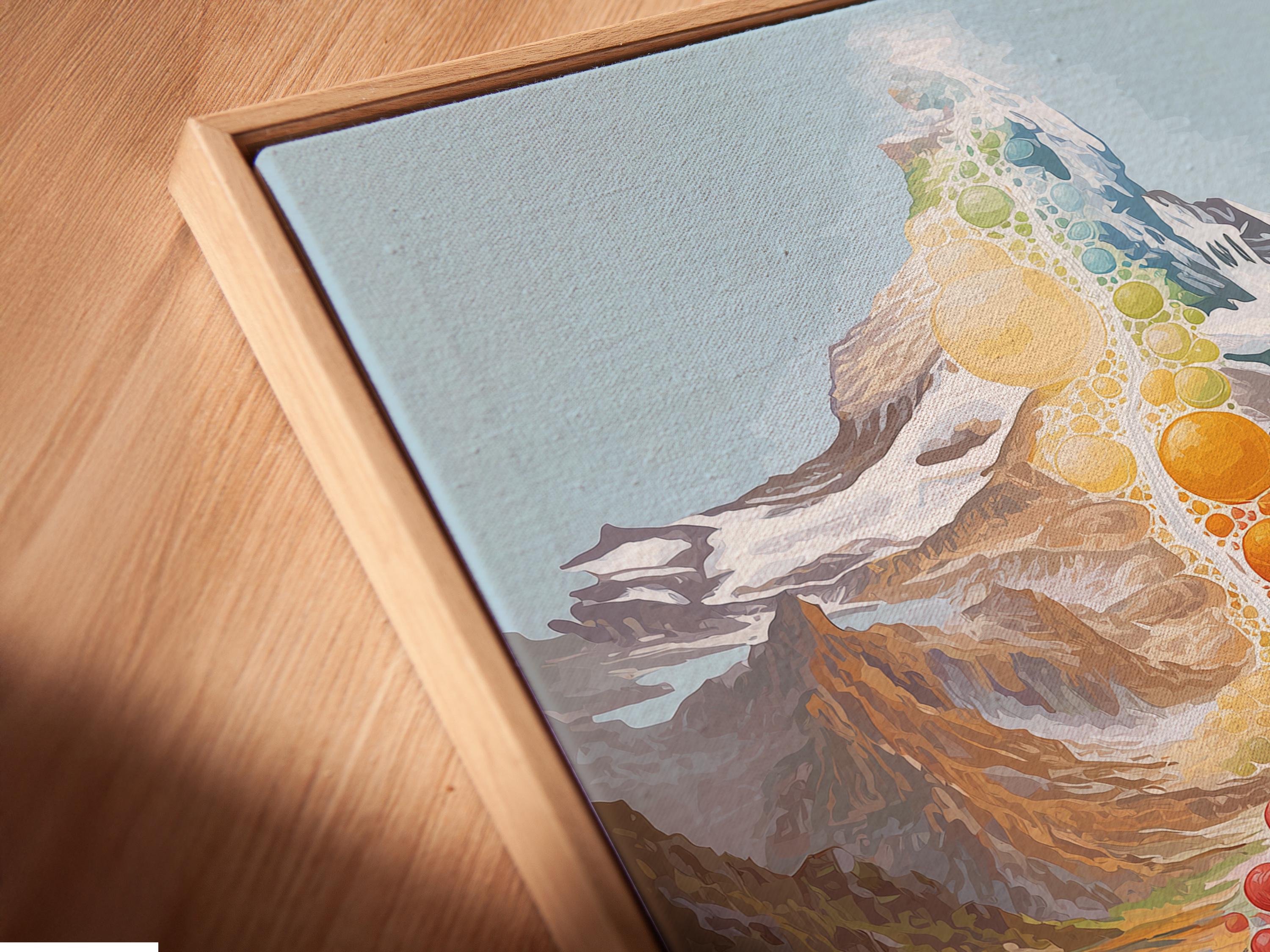 Room mockup showing a framed rainbow mountain waterfall artwork on a wall