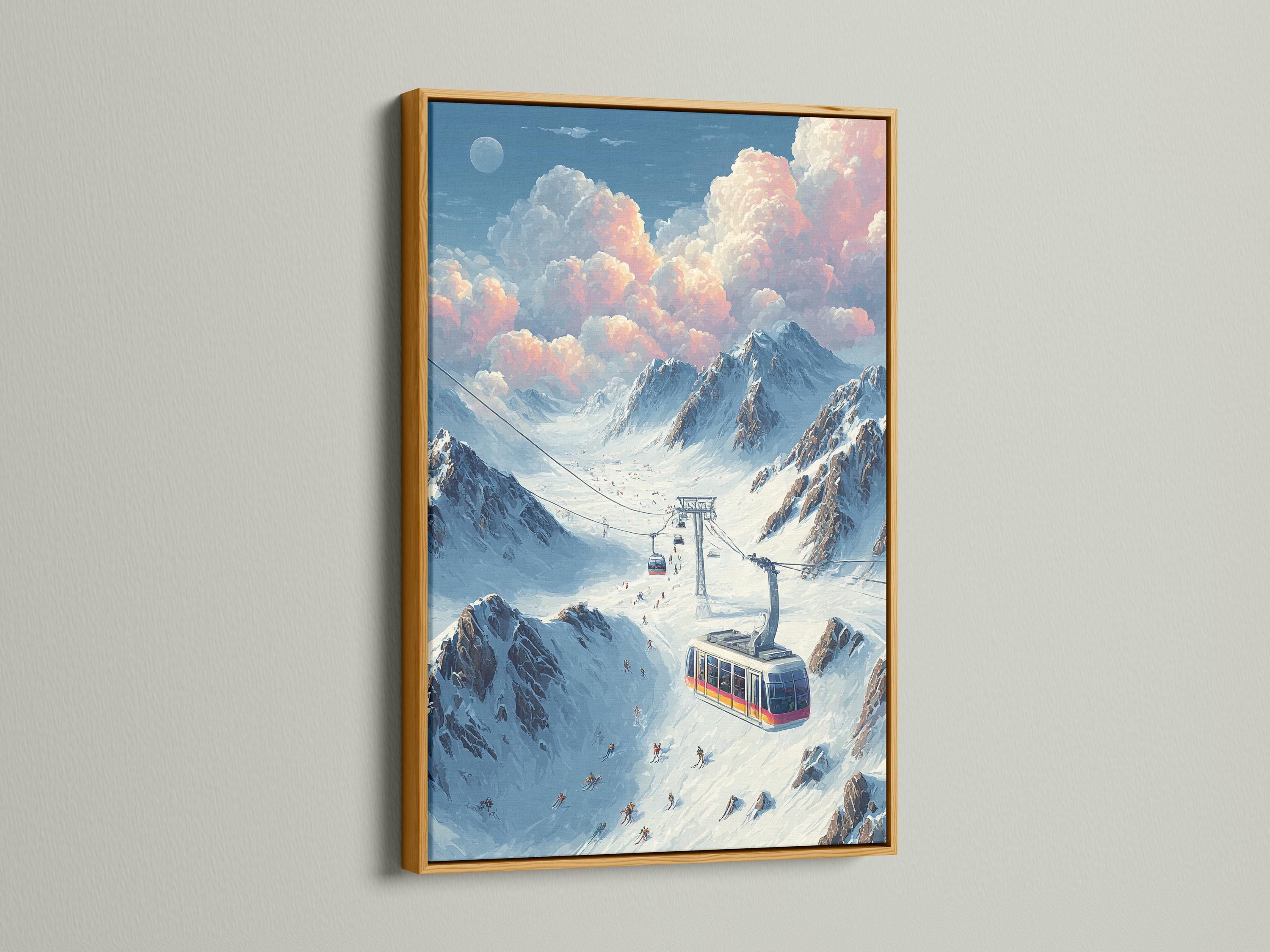 Snowy alpine ski scene with a cable car gondola and skiers on mountain slopes detail view