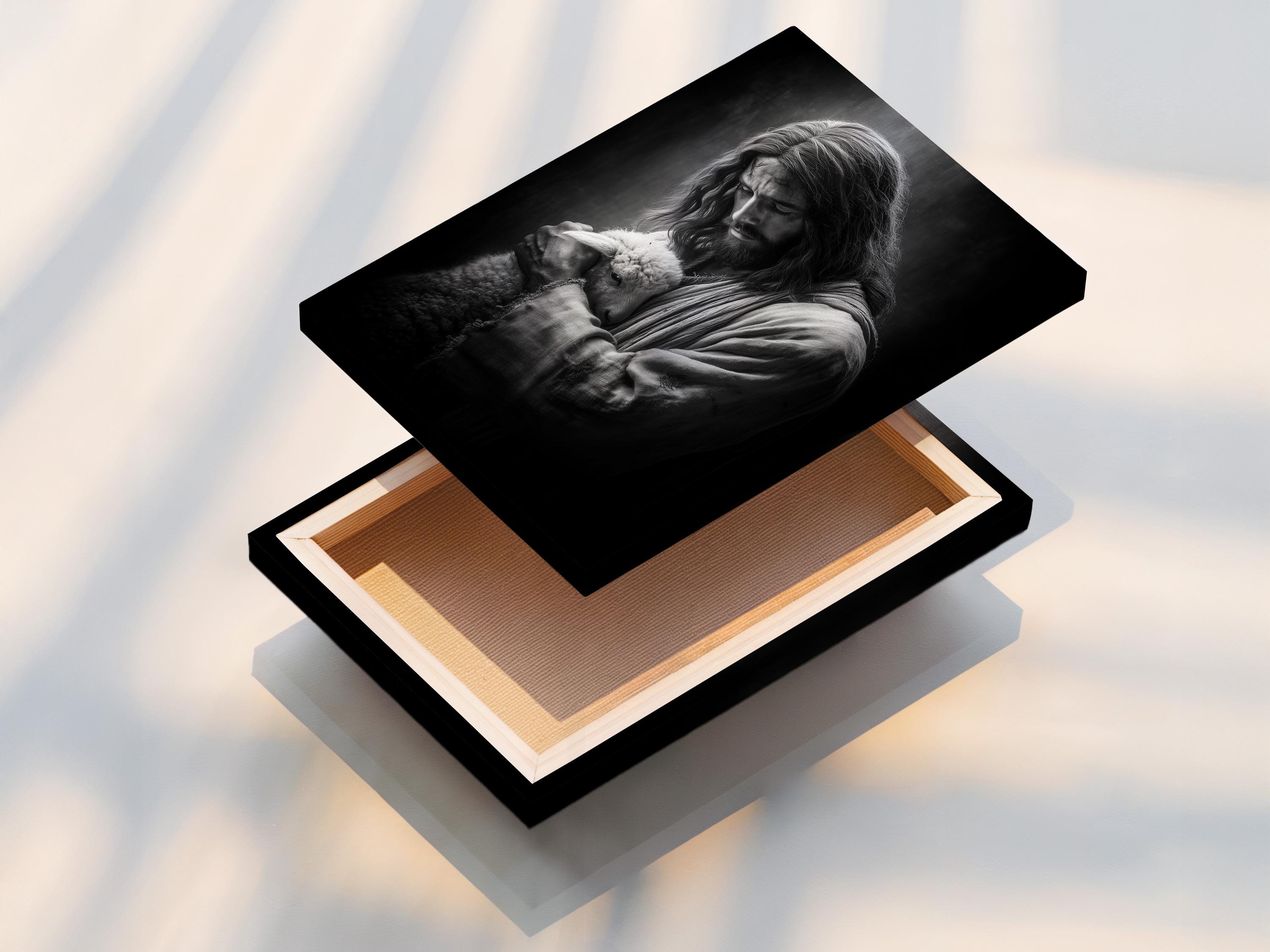 Framed black and white artwork of a shepherd holding a lamb shown on a wall mockup