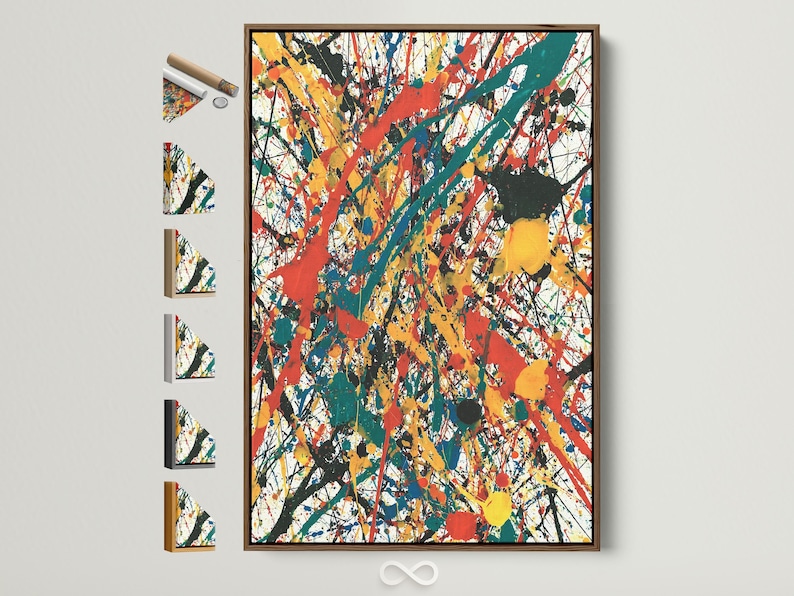Abstract expressionist painting with red, teal, yellow and black splatters and white marks