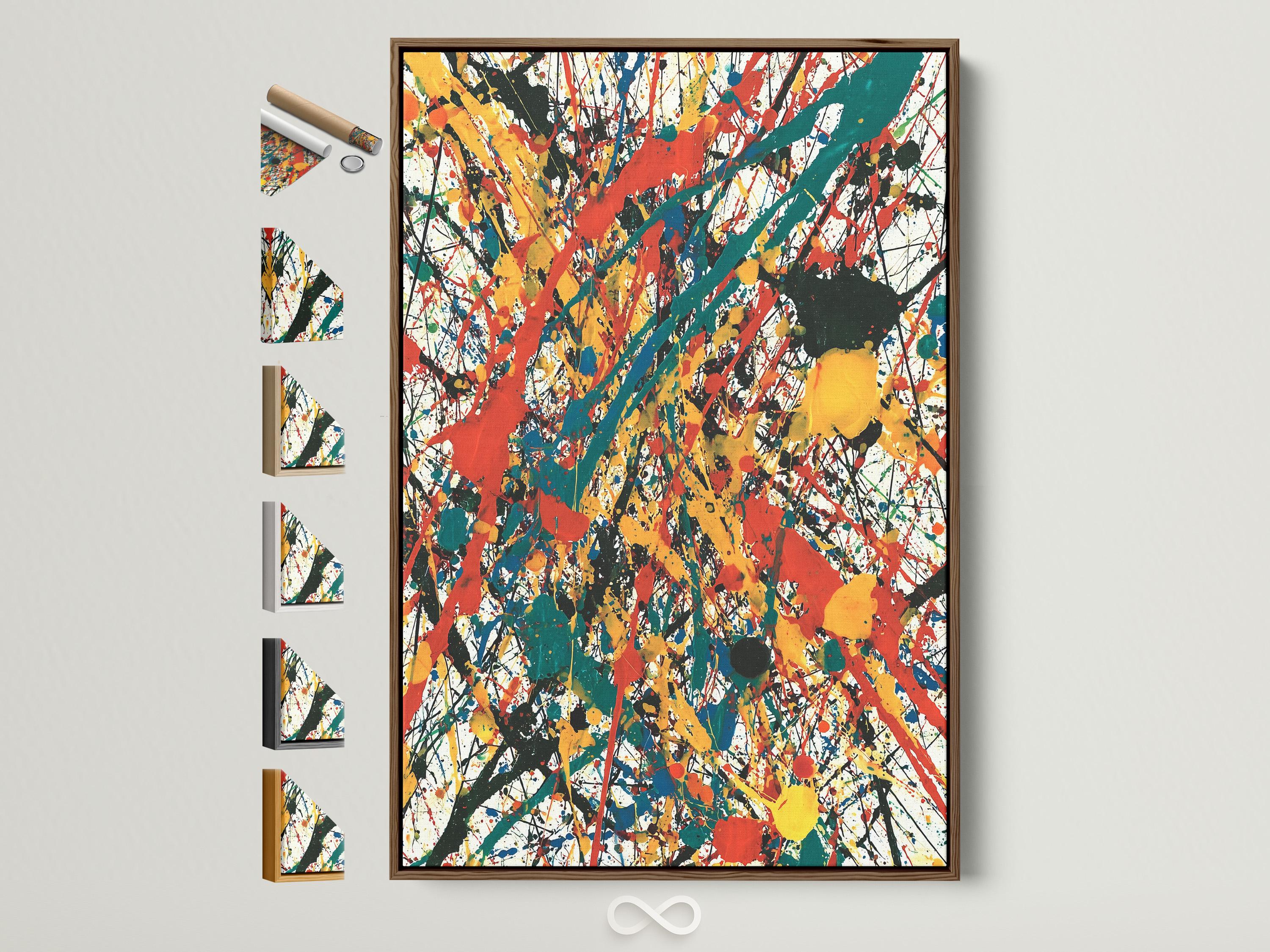 Abstract expressionist painting with red, teal, yellow and black splatters and white marks