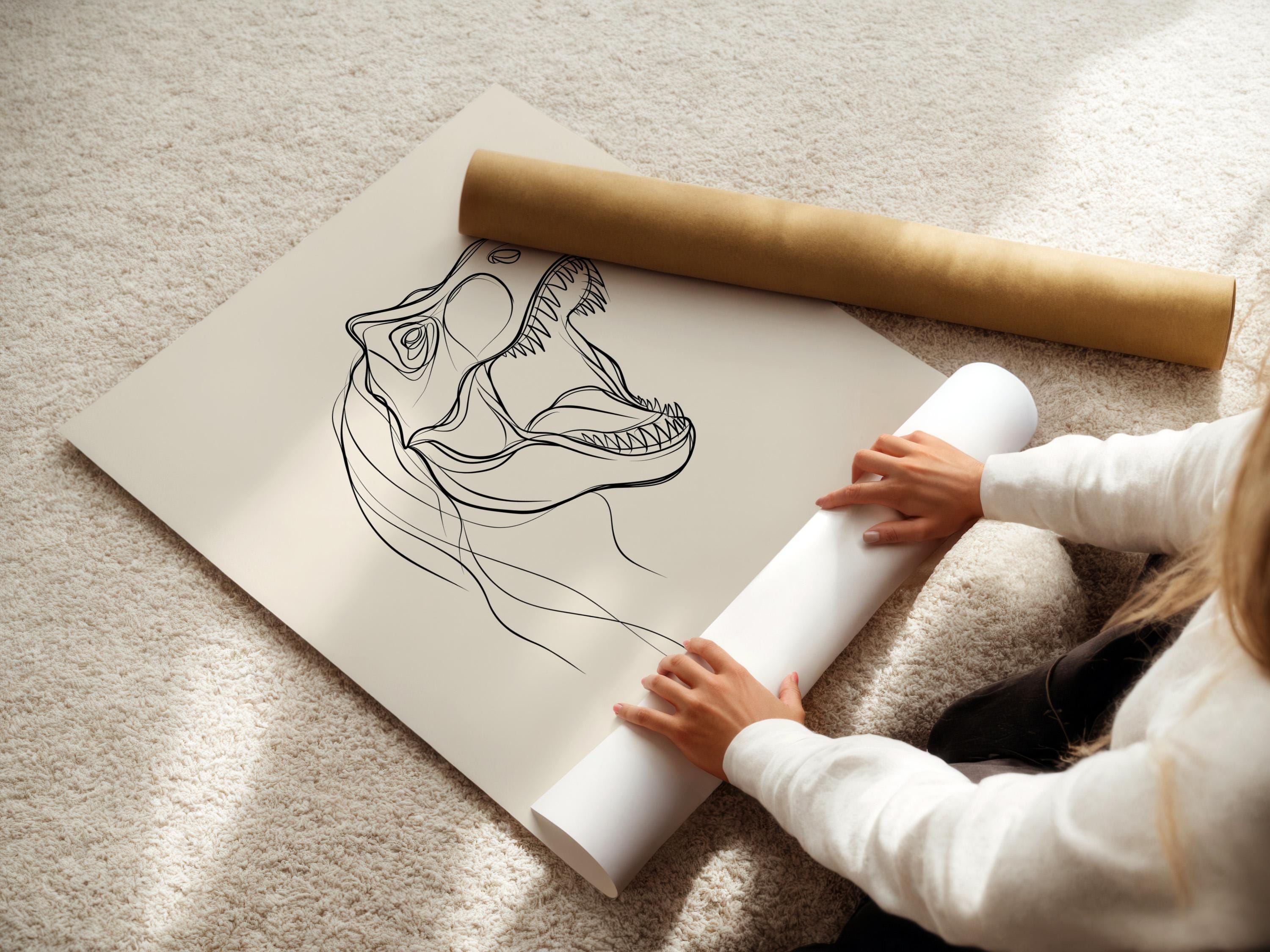 T-rex line art wall mockup with a framed black line drawing on an off-white background