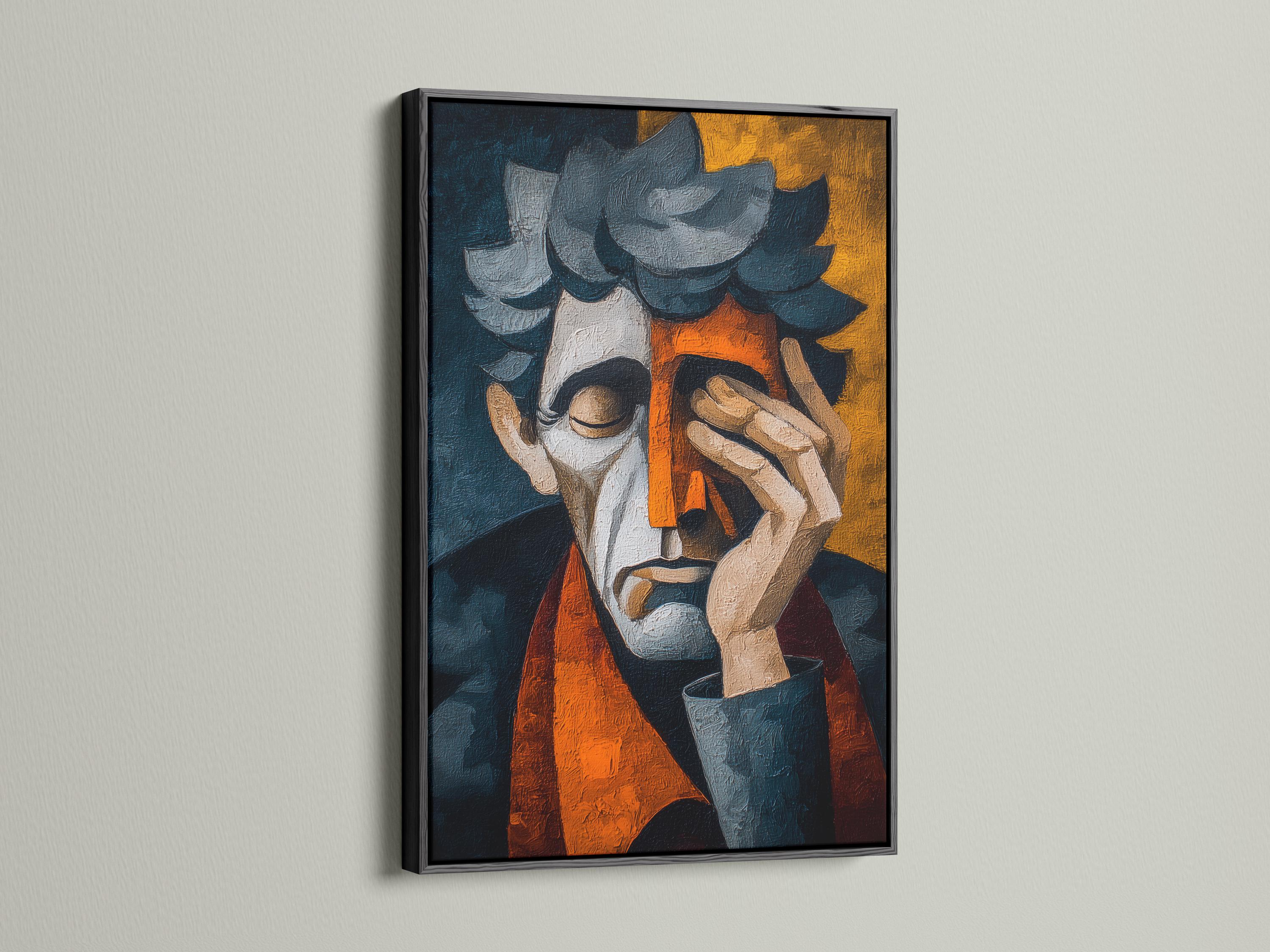 A textured abstract portrait figure in teal and navy, holding a book-like shape, with warm orange and golden blocks behind detail view