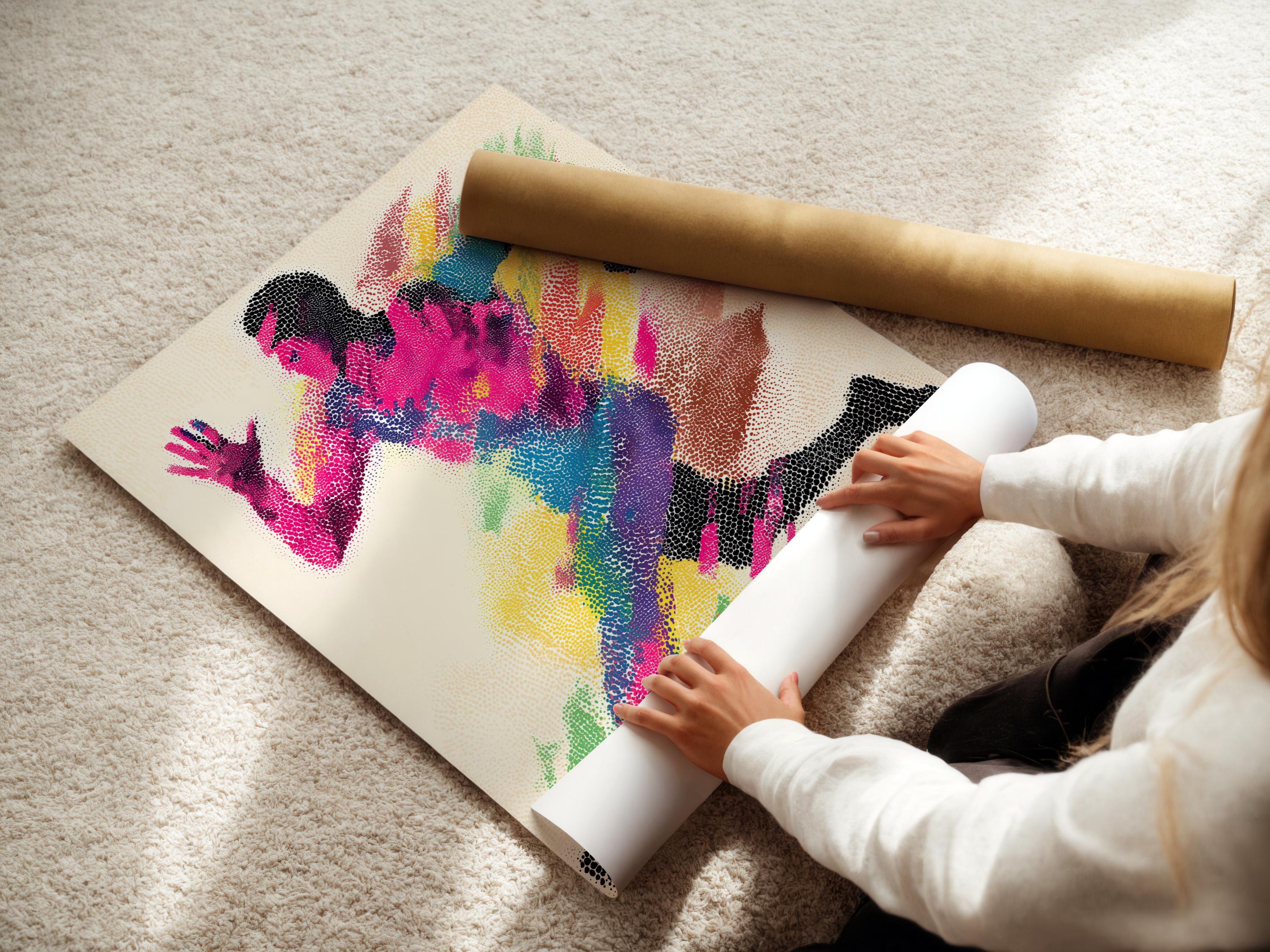 Rainbow runner figure artwork shown in a framed mockup
