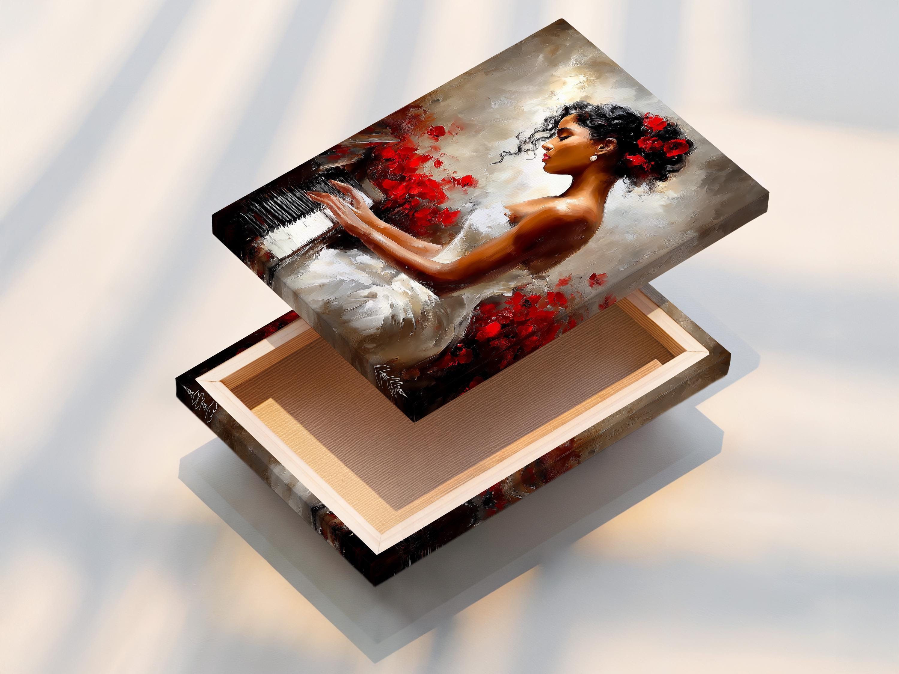 A framed artwork of a woman playing a piano with red flowers displayed in a room