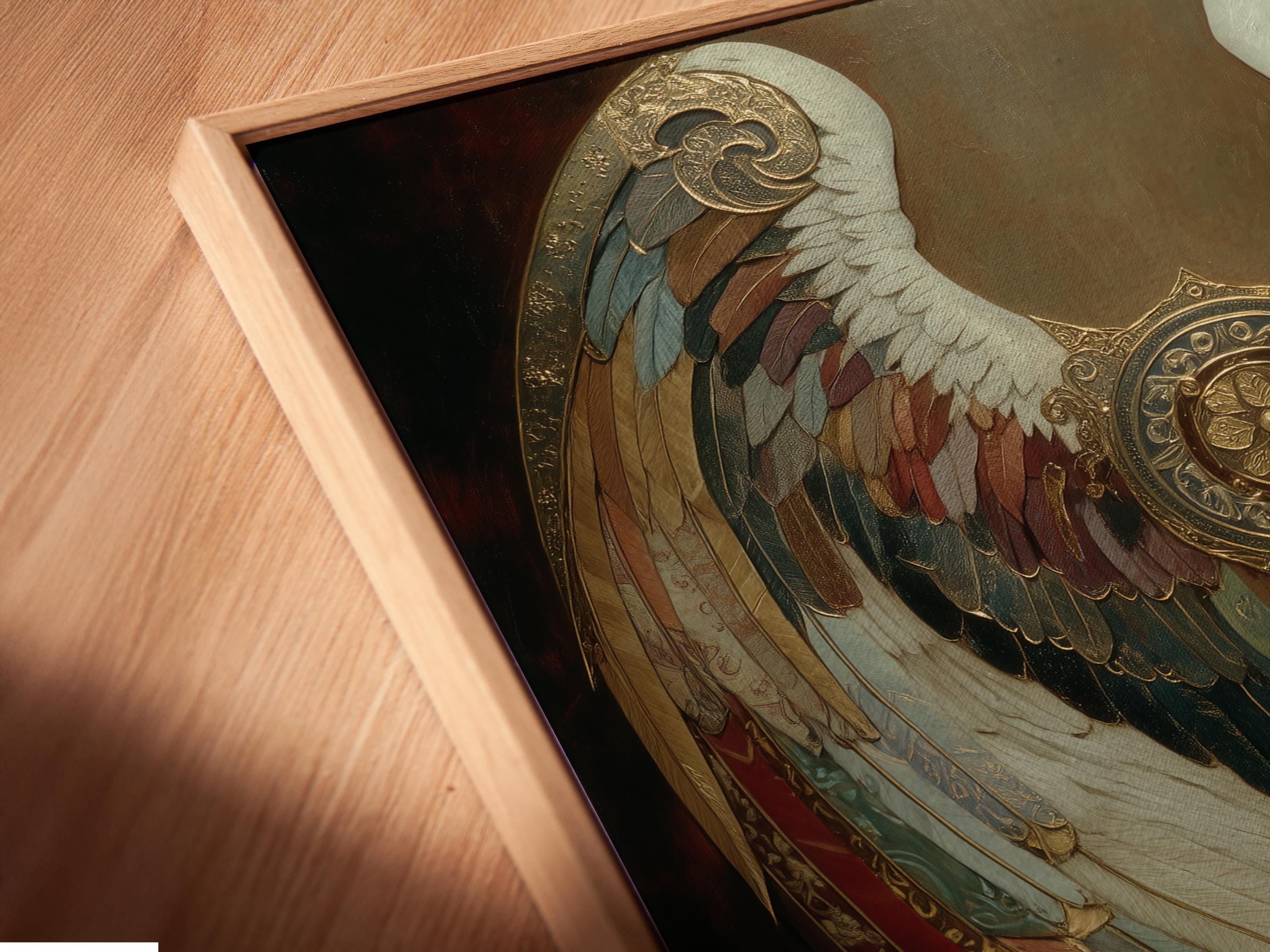 Artwork mockup showing ornate gold angel wings wall art in a dark vintage style