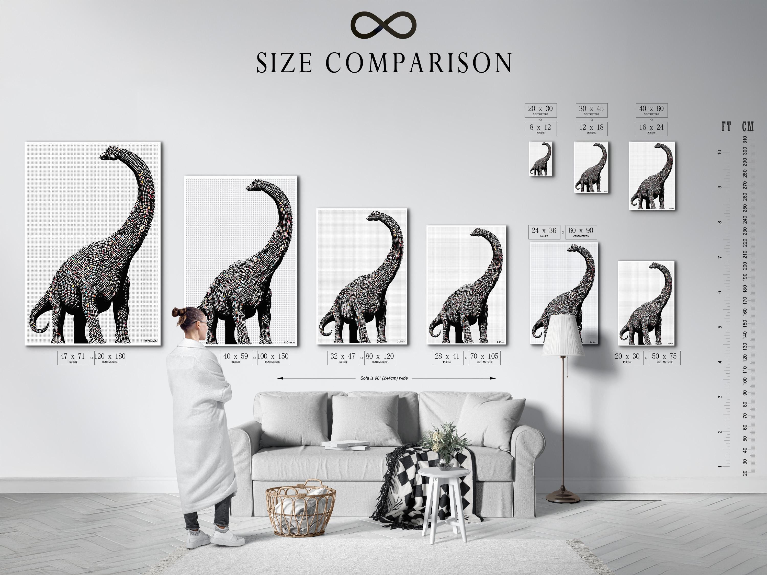 Minimalist dinosaur silhouette made from a dense dot pattern in black and off-white detail view