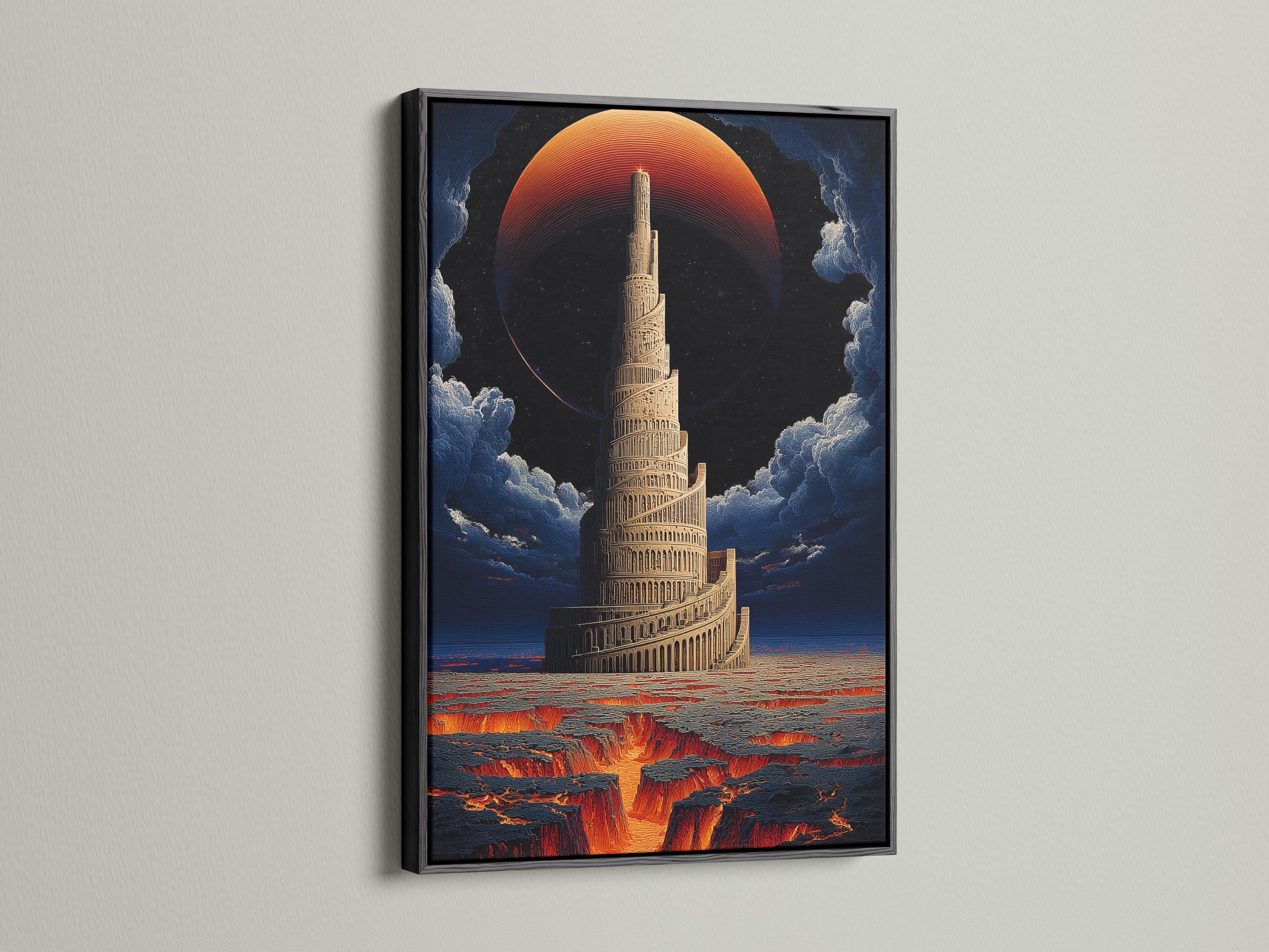 Surreal tall tower artwork with a red-orange sun, clouds, and a lava-like landscape detail view