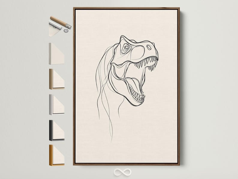 Minimalist black line drawing of a T-rex in side profile on an off-white background