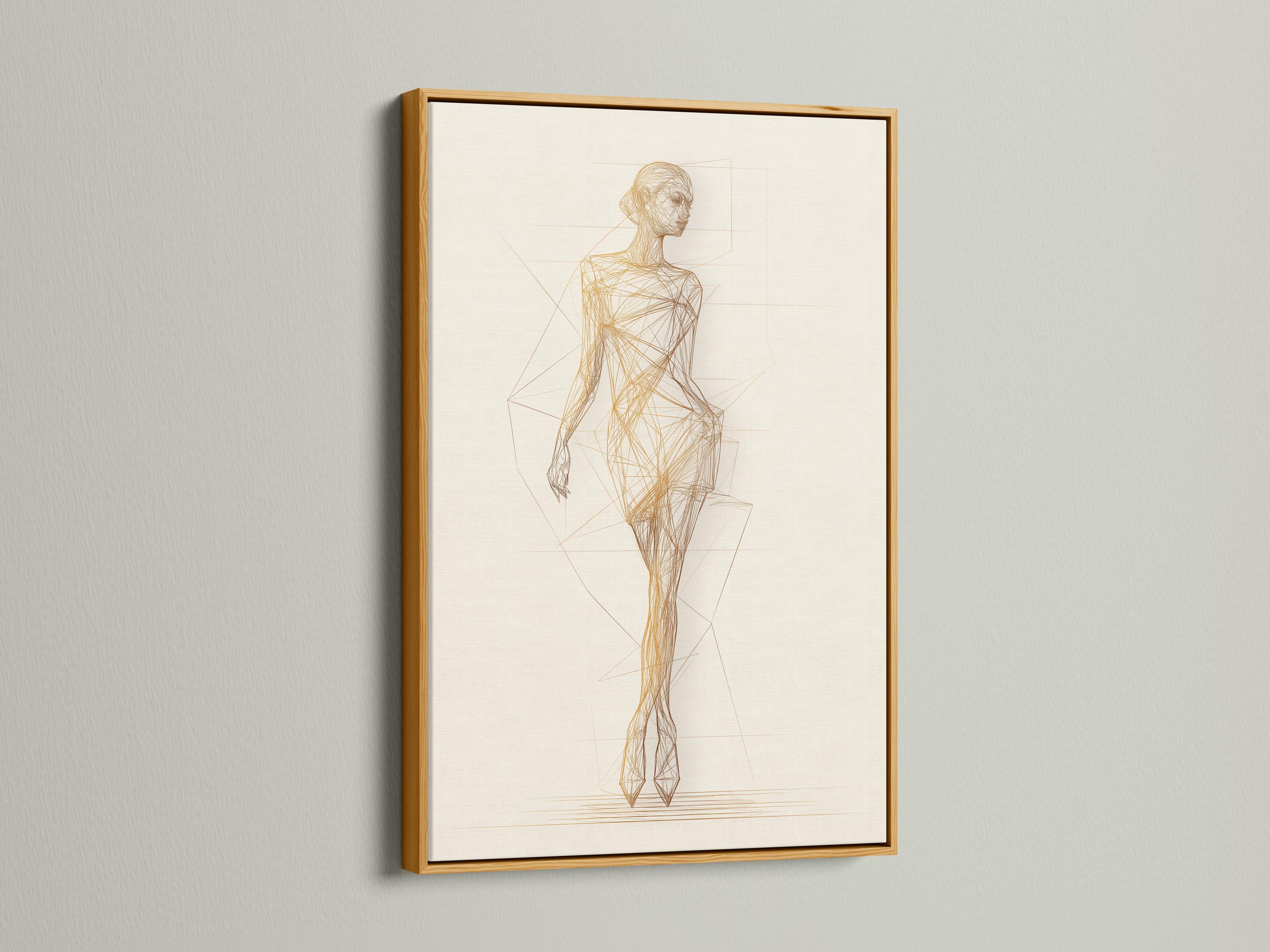 Minimalist gold line drawing of a standing woman with faint geometric grid lines detail view