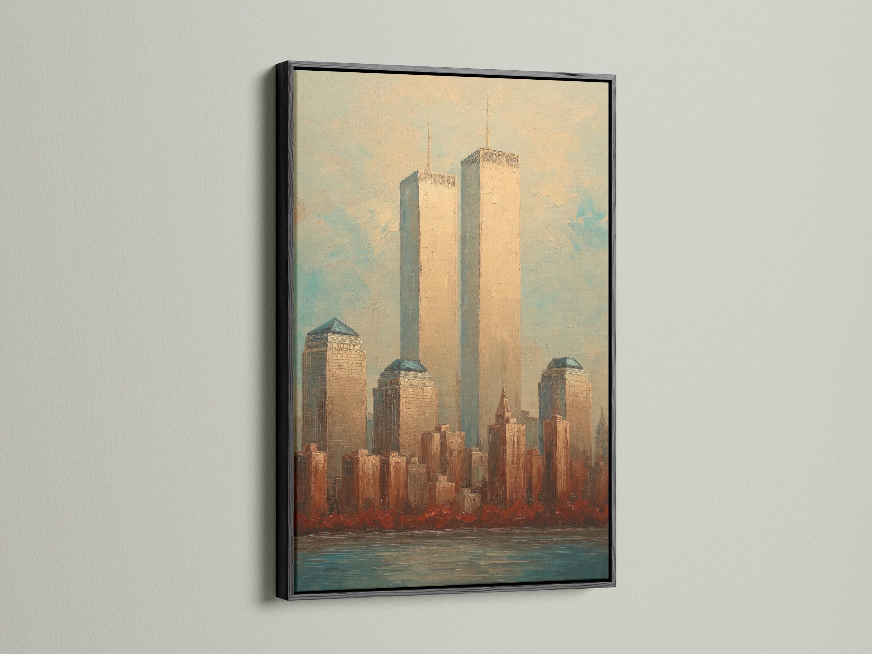 Stylised skyline with two twin towers, warm beige buildings and blue-green water foreground detail view