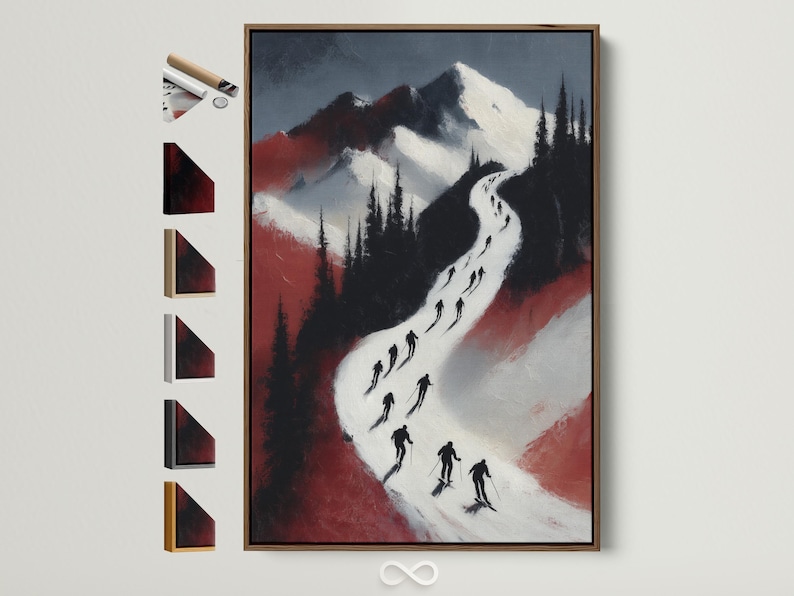 Painterly winter ski scene with silhouetted skiers on a snowy slope and dark evergreen trees