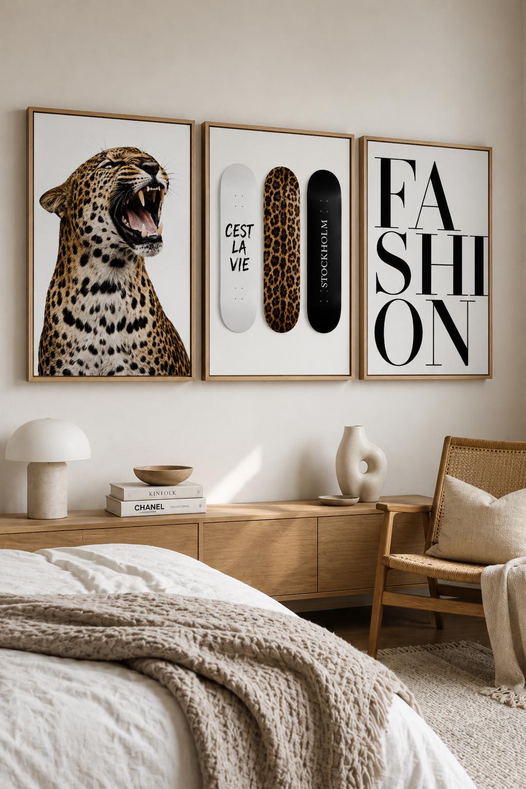 Three-panel leopard fashion wall art featuring a roaring leopard, skateboard deck shapes and bold serif typography detail view